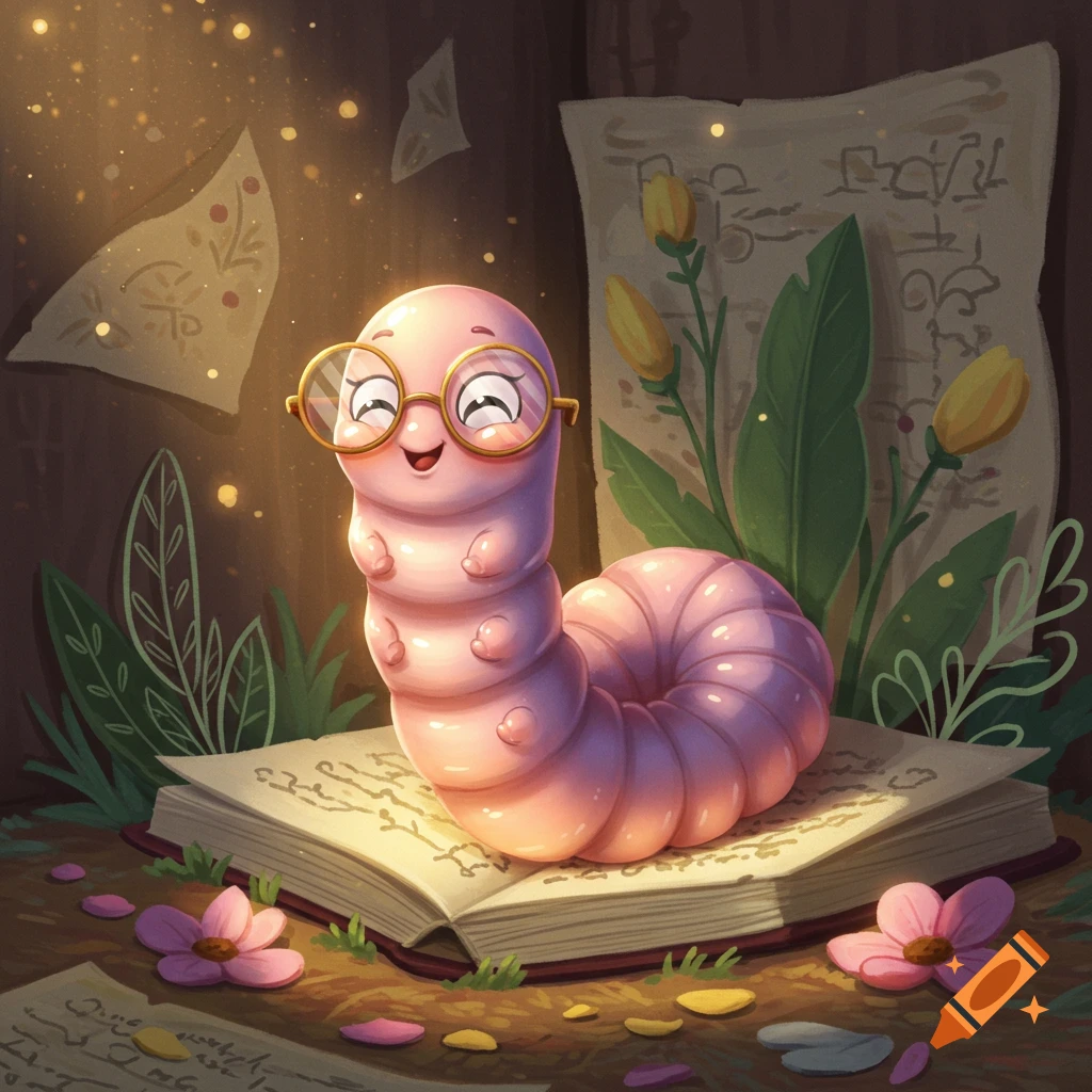 A cute pink cartoon worm with round glasses sits on an open book, surrounded by glowing particles, flowers, and leaves.