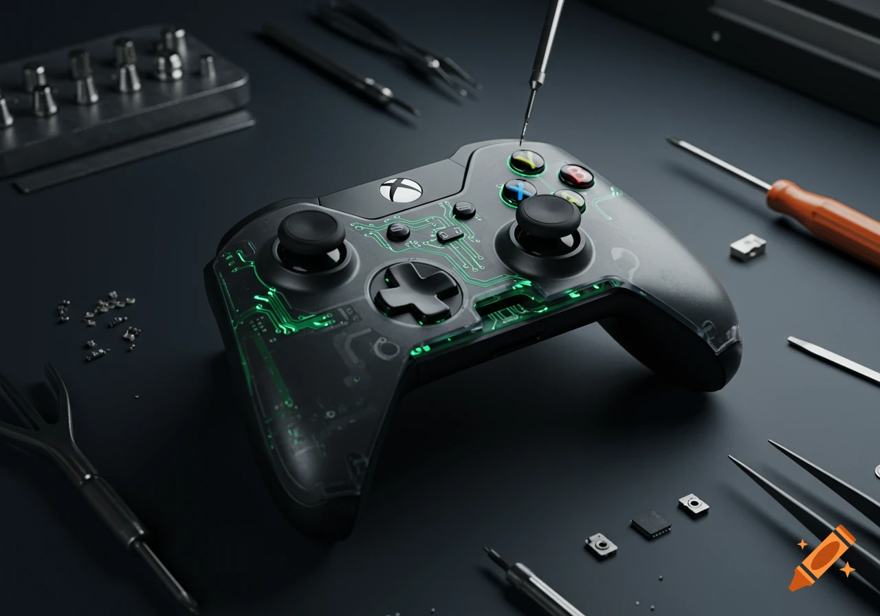 An Xbox controller with a transparent shell showing green internal circuitry is being repaired with tools on a dark surface.