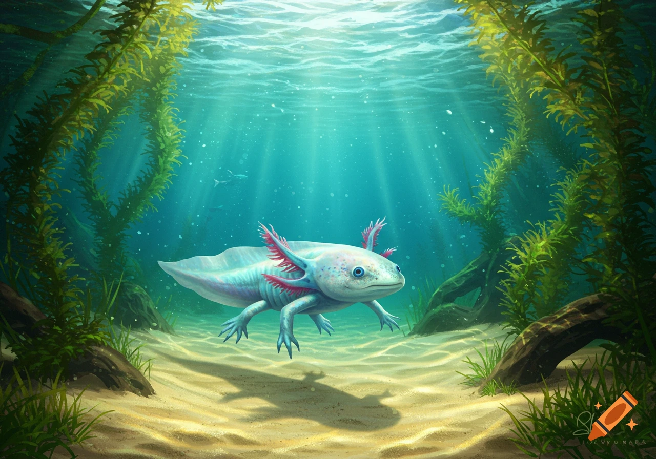 A serene, detailed illustration of a blue axolotl swimming in a vibrant, sunlit underwater scene with plants and a sandy floor.