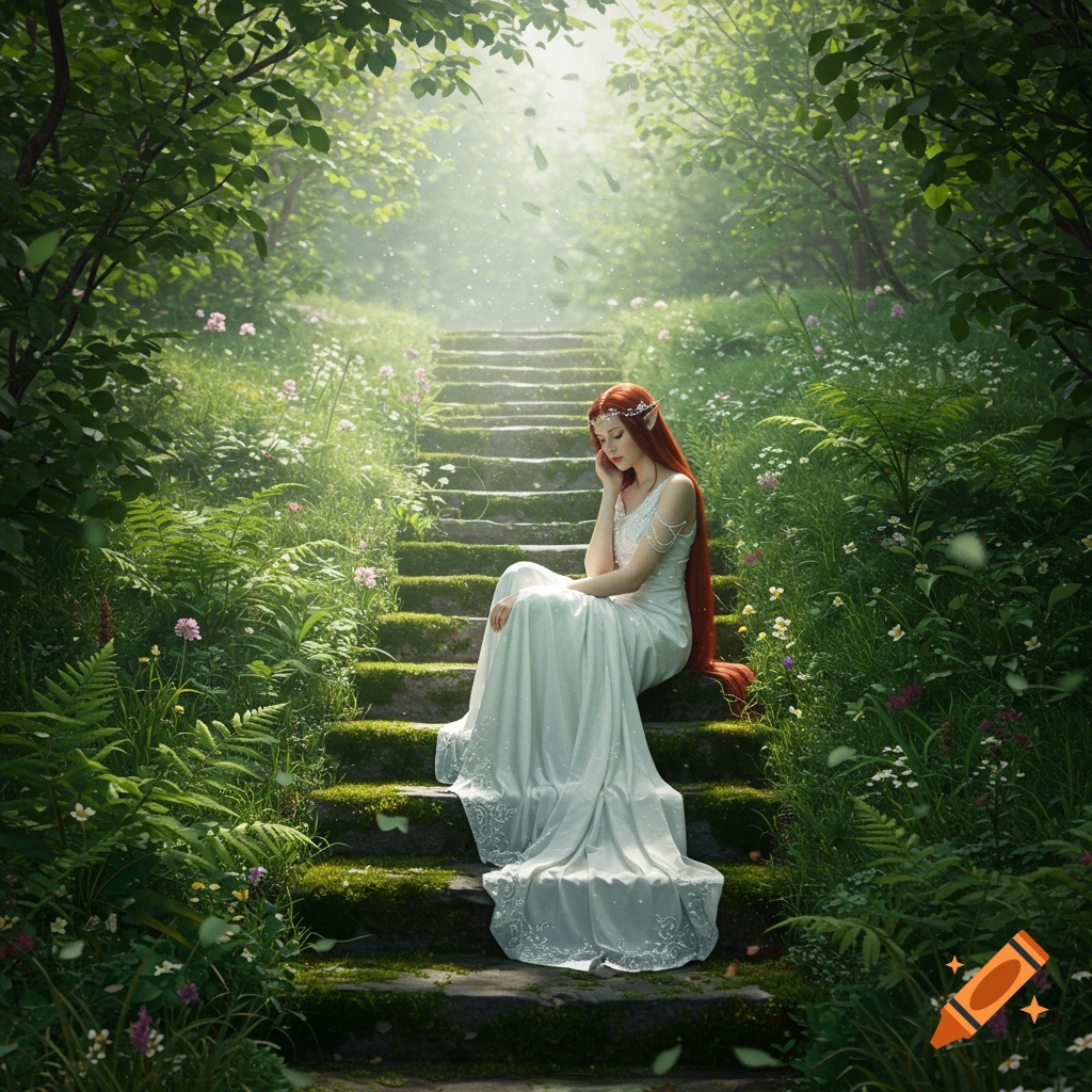 An elf woman with long red hair and a white dress sits on mossy stone stairs in a sun-dappled fantasy forest. The scene is ethereal.
