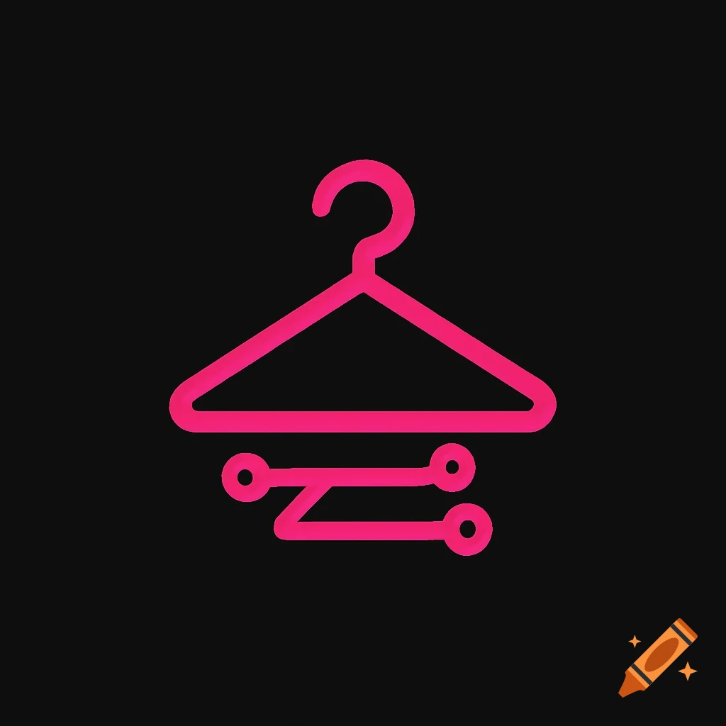 A minimalist pink outline logo featuring a clothing hanger with a tech-style bar beneath it, all on a black background.