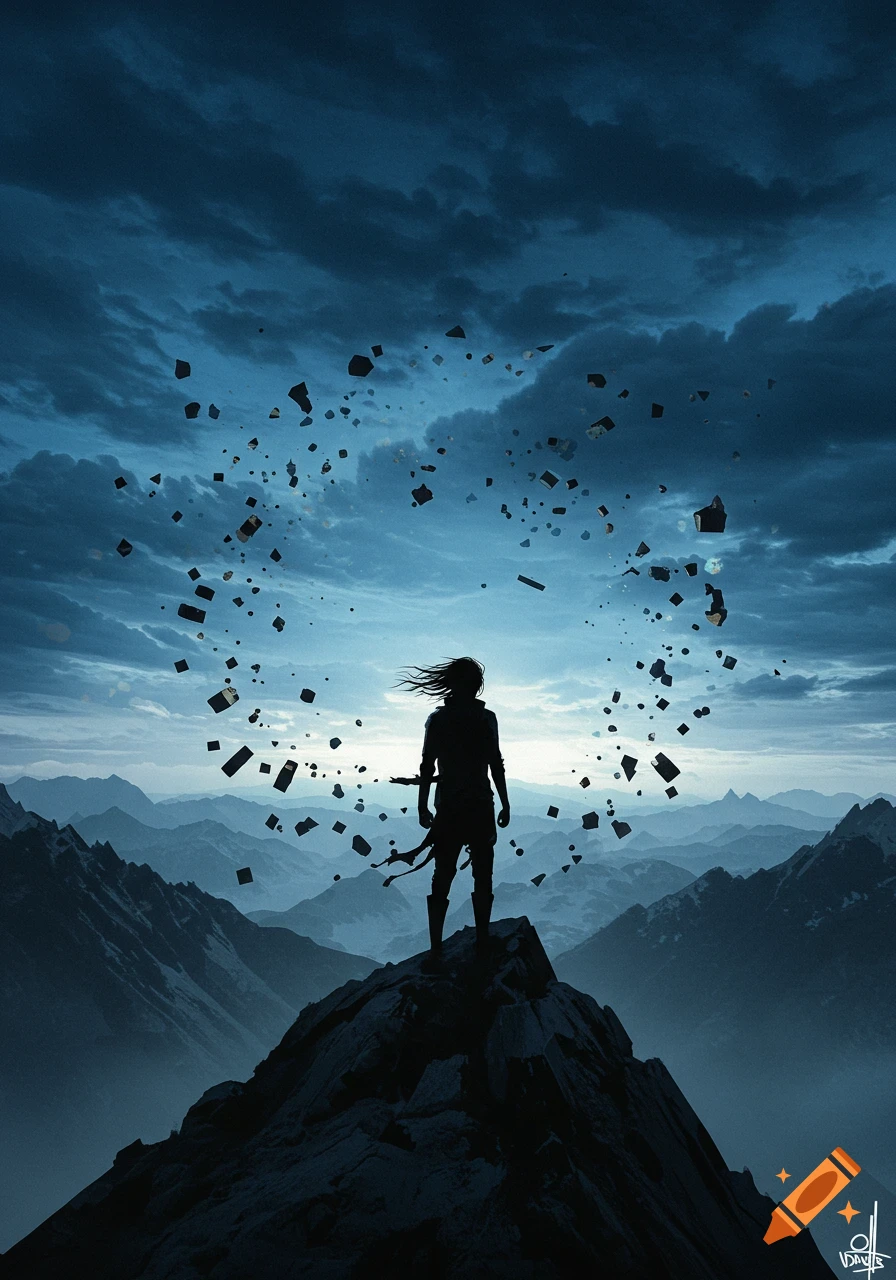 A silhouette of a figure stands on a mountain peak as debris circles them under a dramatic, stormy sky.