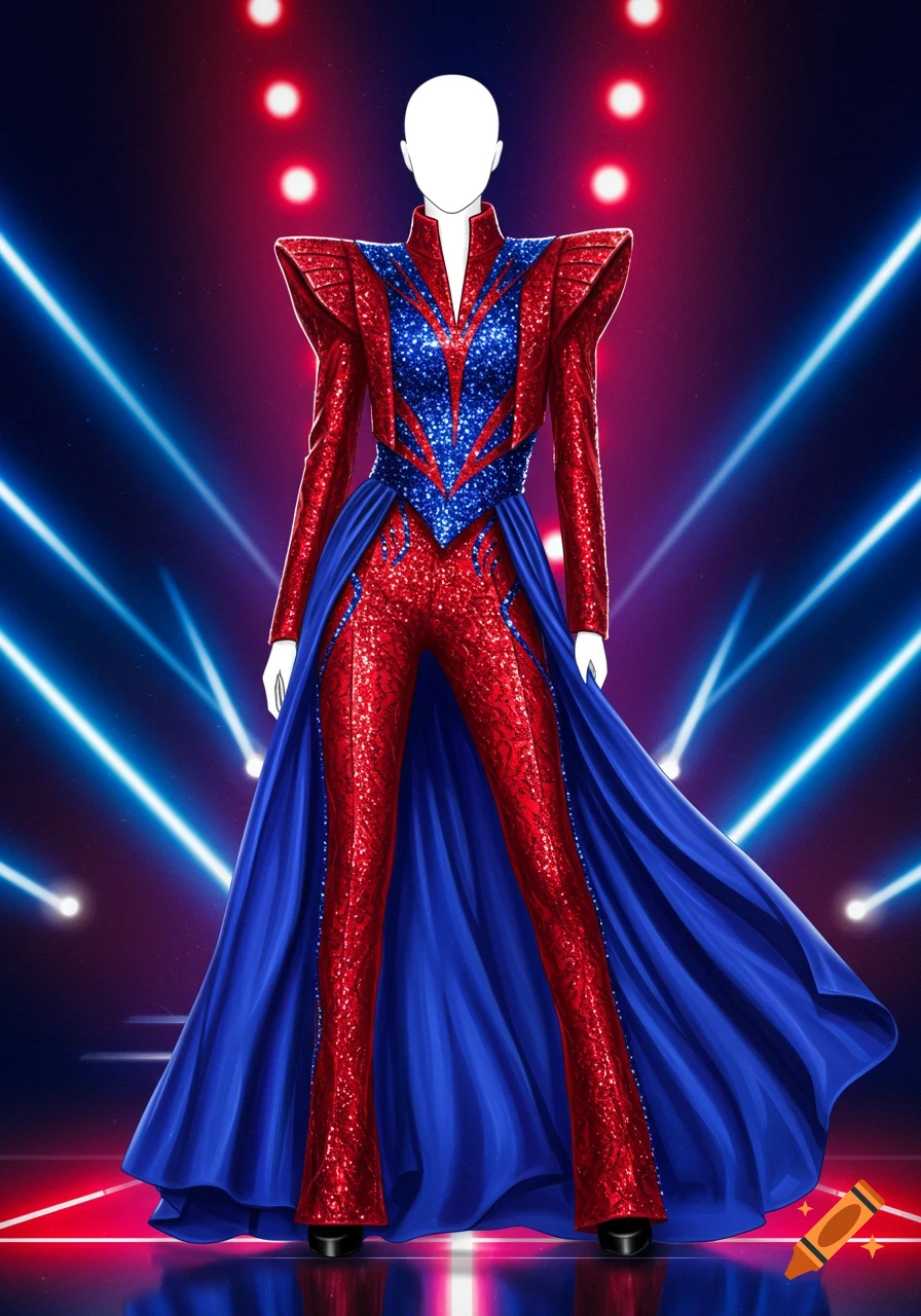 A dazzling red and sapphire blue glittery stage outfit with a flowing blue cape on a mannequin, set against a stage with bright lights.