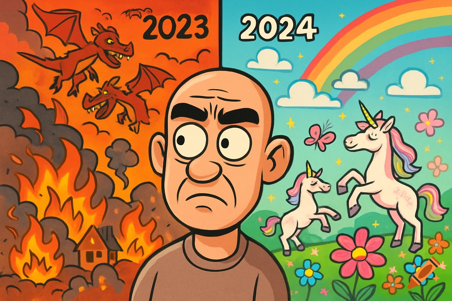 Cartoon drawing of a man looking at a divided scene: 2023 with fire and dragons, and 2024 with unicorns and a rainbow.
