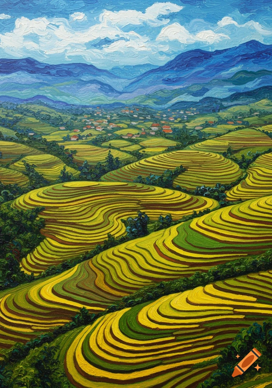 Vibrant impasto painting of green and yellow terraced rice fields, distant blue mountains, and a village under a cloudy sky.