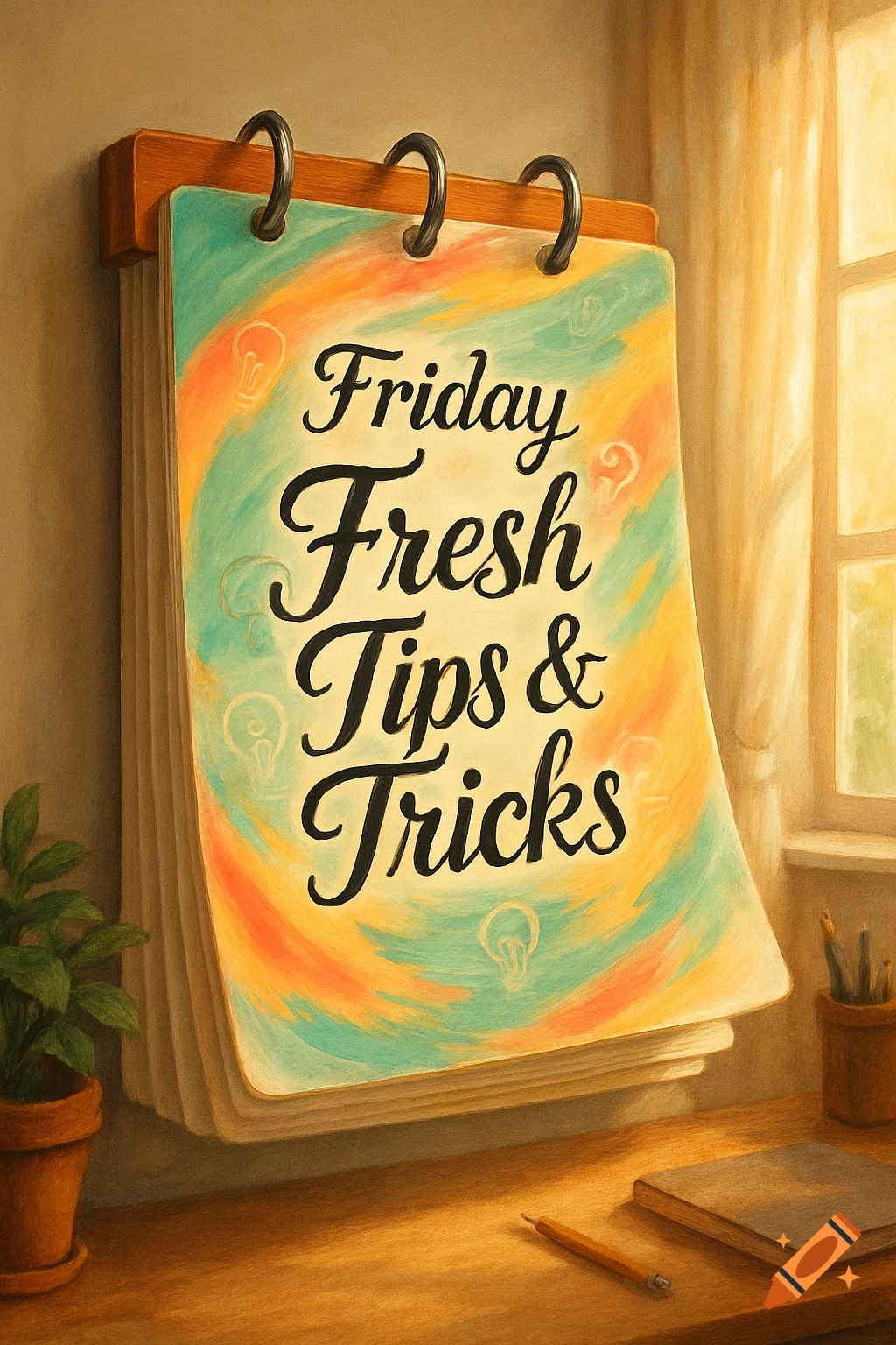 An illustrated calendar titled 'Friday Fresh Tips & Tricks' on a wooden desk with a plant and a window in the background.
