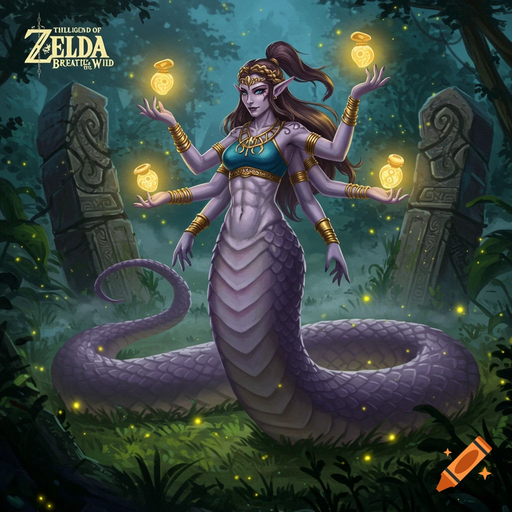 A purple-skinned naga with six arms and a dark ponytail holds glowing vessels in a mystical forest with stone pillars and a Zelda logo.