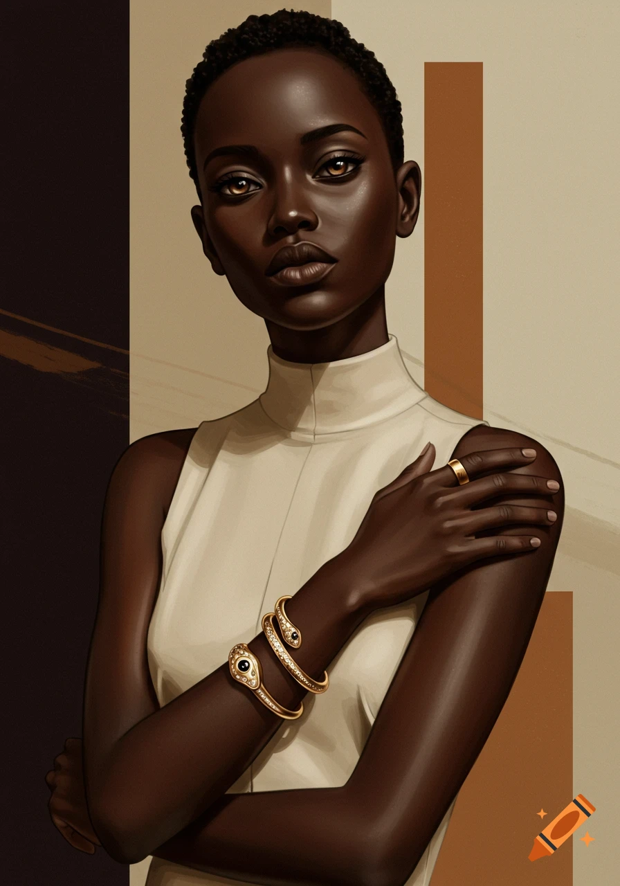 Stylized illustration of a dark-skinned woman with short hair, wearing a cream top and a gold snake bracelet, looking forward.