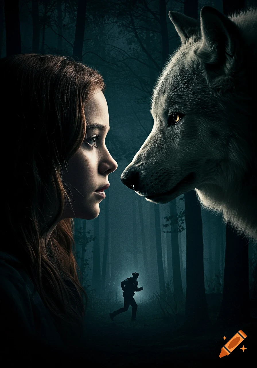 Dramatic movie poster of a girl and a wolf nose to nose in a dark forest, with a police officer running in the background.