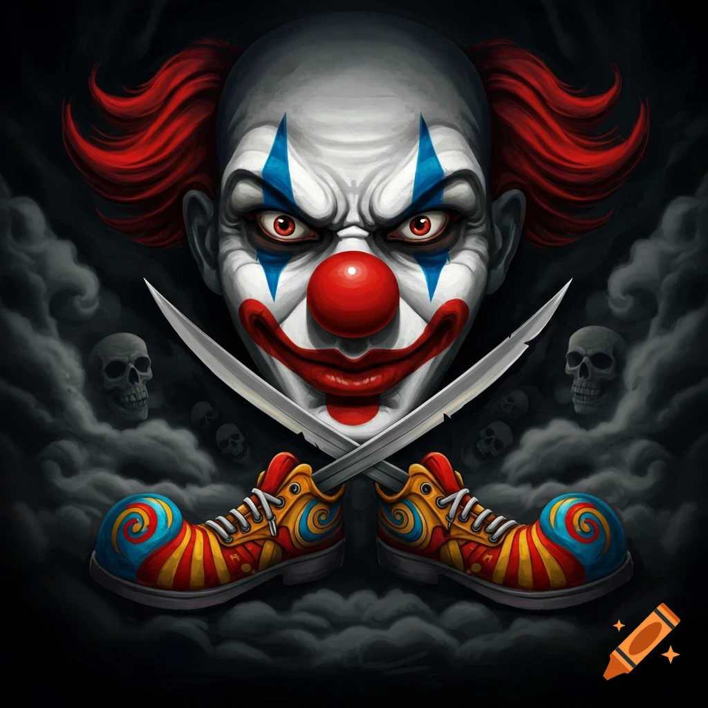 Angry clown face with red hair, crossed knives, and colorful clown shoes against a dark, smoky background with skulls.