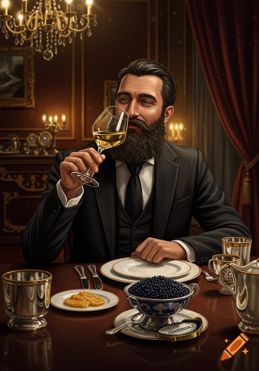 A bearded man in a suit sips wine at a lavish dining table set with caviar and silver dishes in an ornate room.