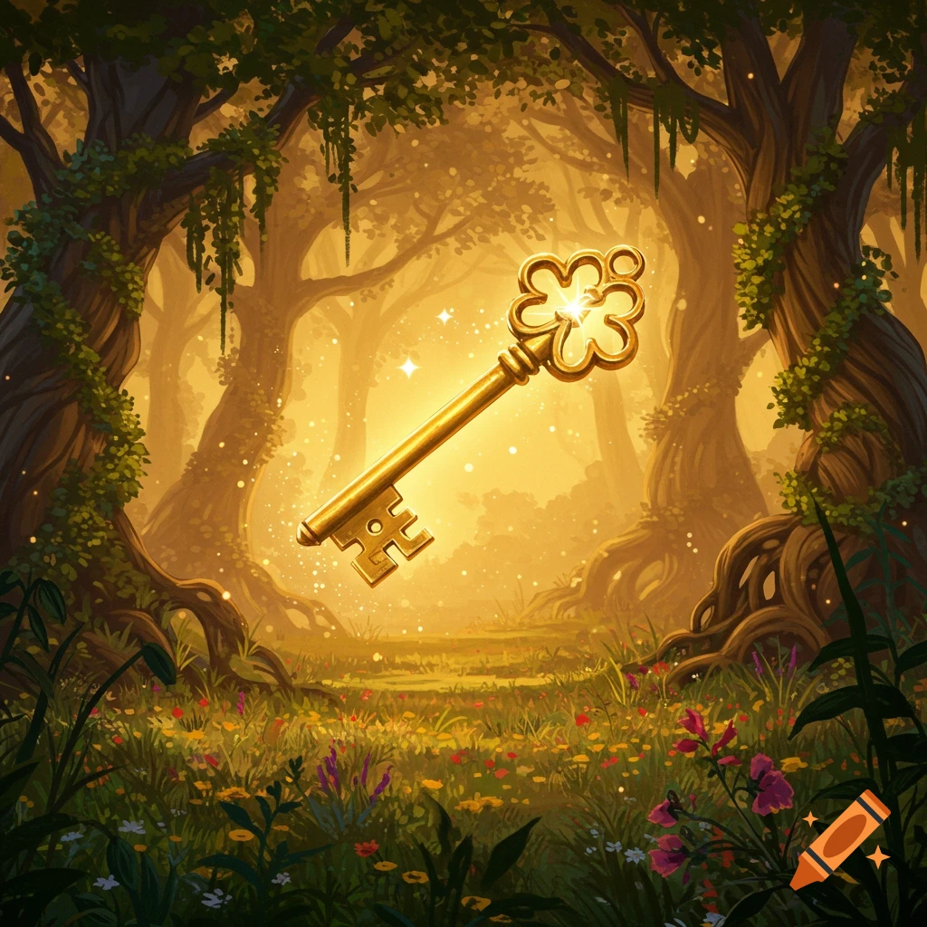 A glowing golden skeleton key floats in a vibrant, sunlit fantasy forest with ancient trees and colorful wildflowers. Illustration.
