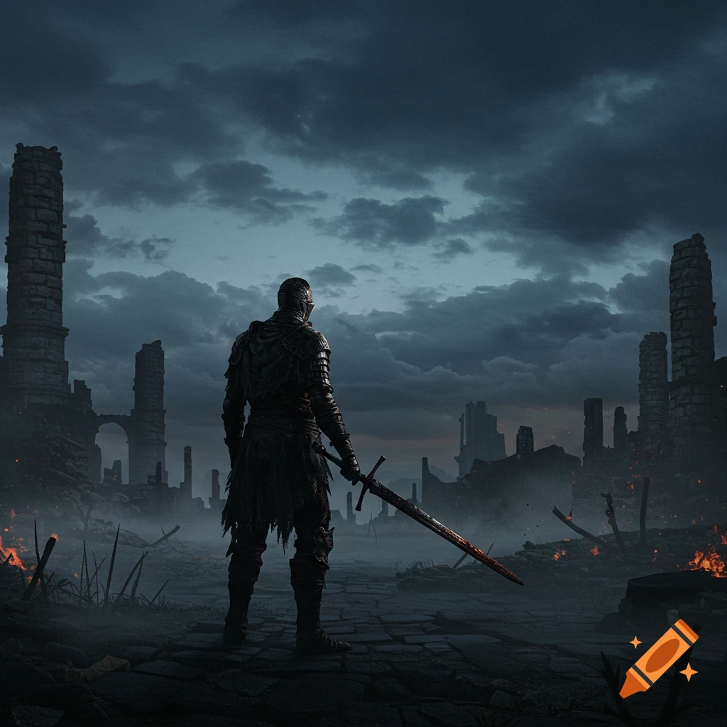 A lone knight in dark armor stands in a ruined, fog-laden city under a cloudy sky, holding a greatsword with a hint of red on the blade.