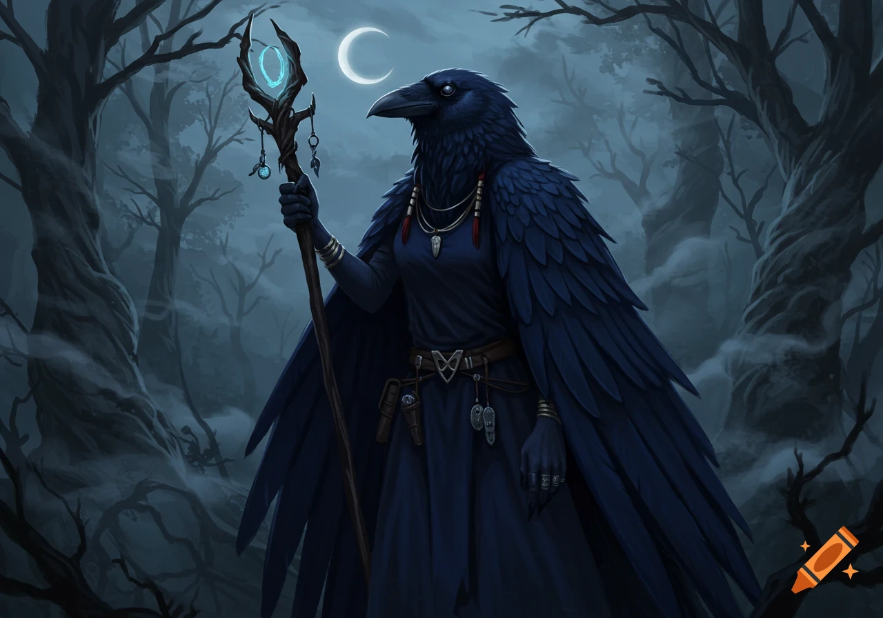 A dark raven priestess with a glowing staff stands in a misty forest under a crescent moon in a digital painting.