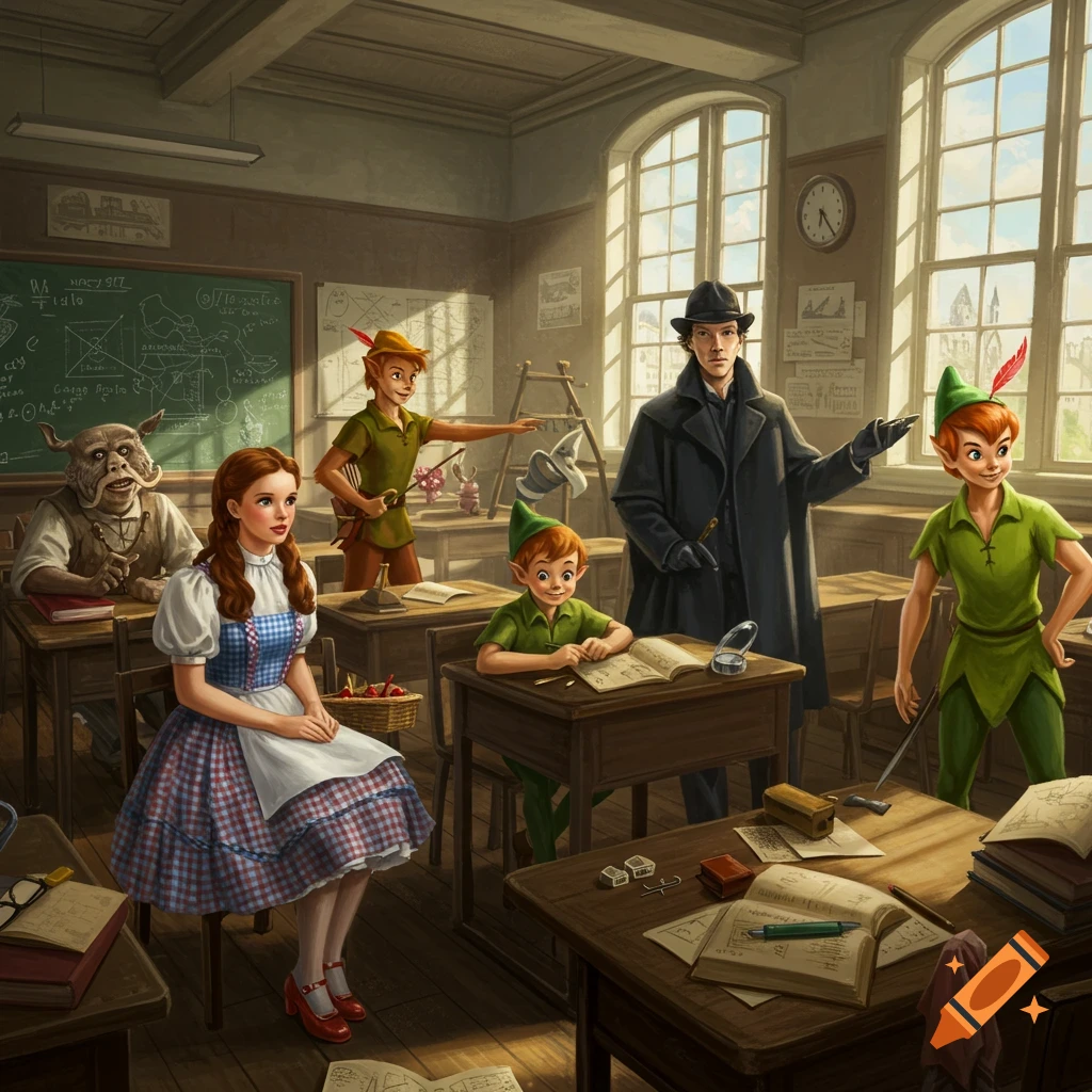 Dorothy, Sherlock Holmes, Peter Pan, and a goblin-like creature in a stylized classroom, with one Peter Pan pointing and another writing at a desk.