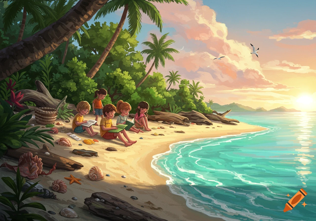 Illustrated scene of children reading books on a tropical beach at sunset.