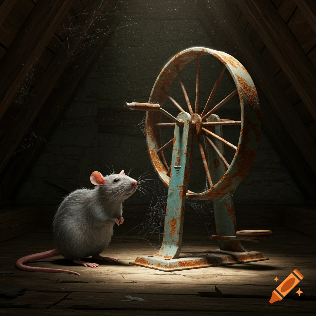 Photorealistic grey rat stands on wooden floor, looking up at a large, rusty old wheel in a dark, dusty attic with cobwebs.