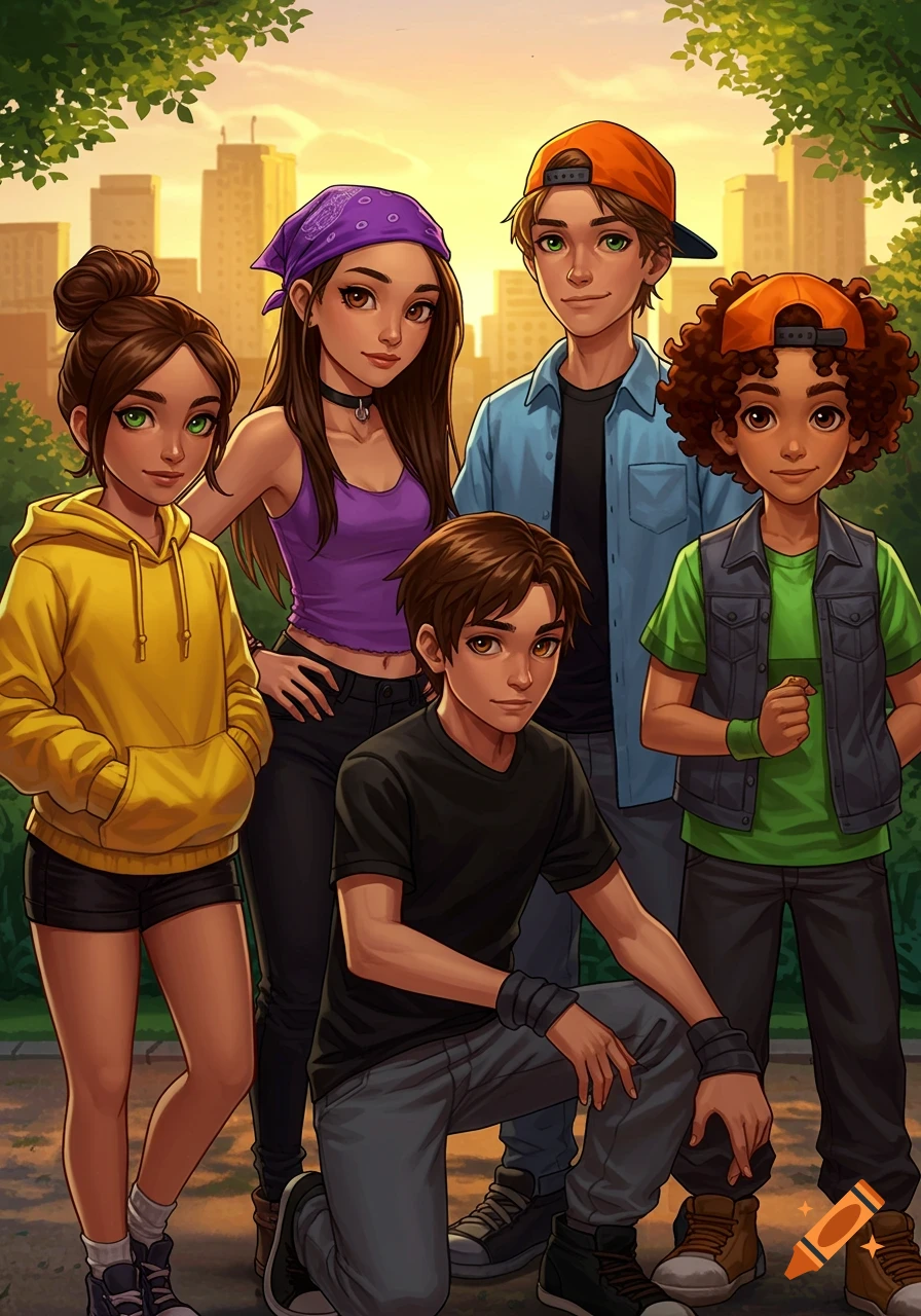Five diverse animated teenagers pose in an urban park with city buildings in the background.