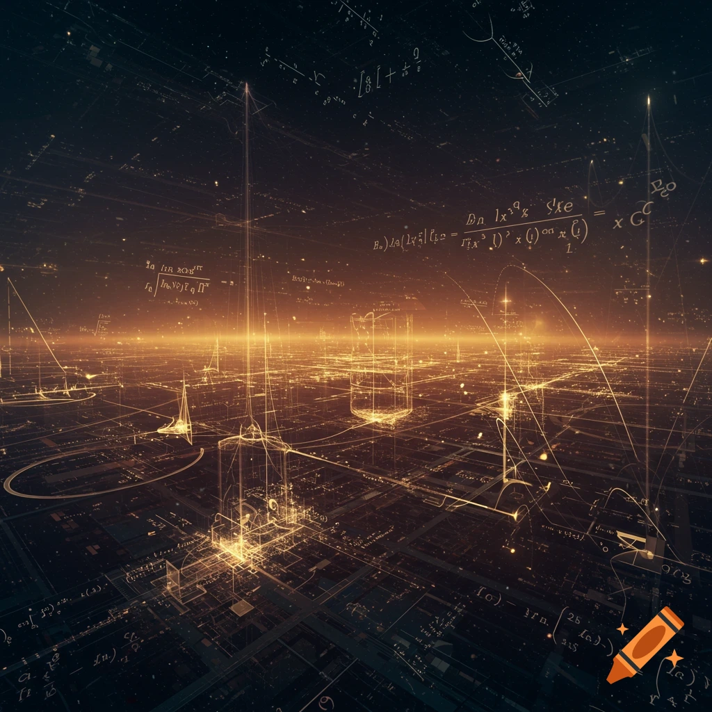 An abstract digital landscape filled with glowing mathematical formulas, symbols, and interconnected lines, evoking data or computation in a futuristic style.