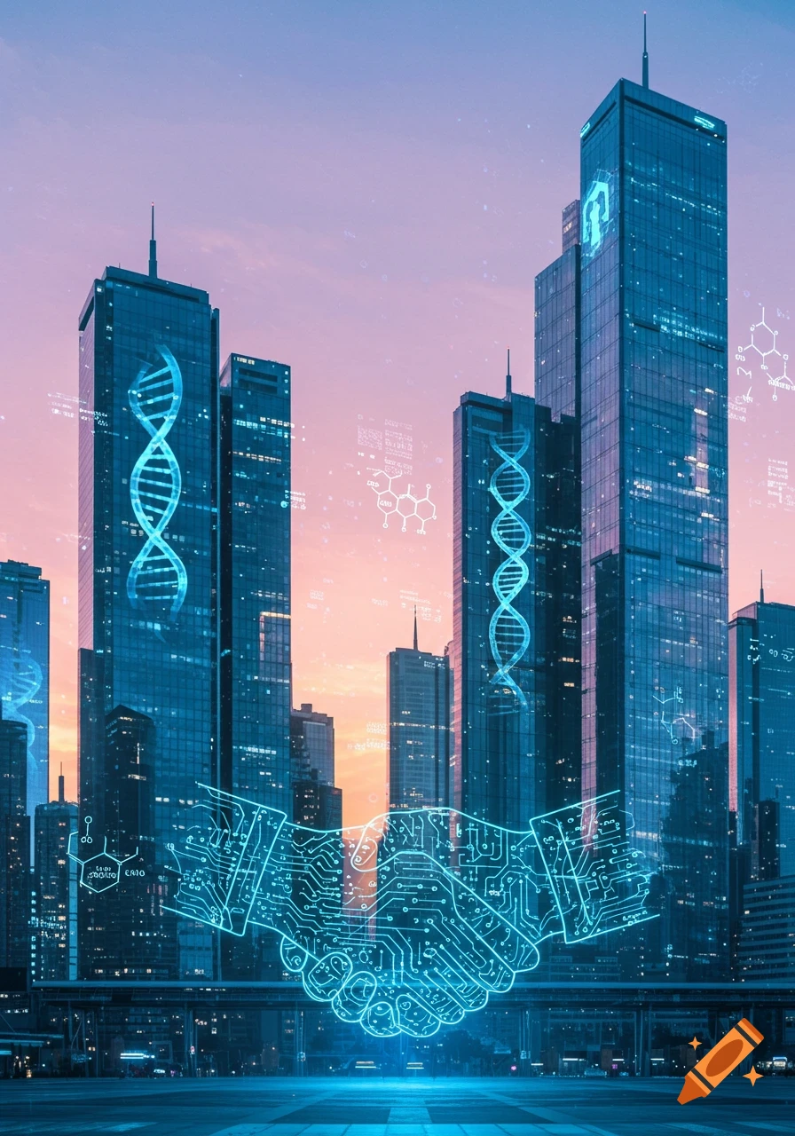 Futuristic cityscape with glowing blue DNA strands on skyscrapers and a circuit board handshake in the foreground at sunset.