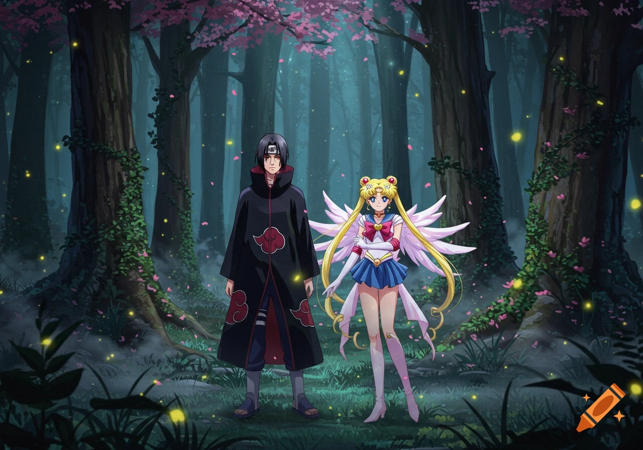 Anime characters Itachi Uchiha and Eternal Sailor Moon stand in an enchanted forest with cherry blossoms and fireflies.