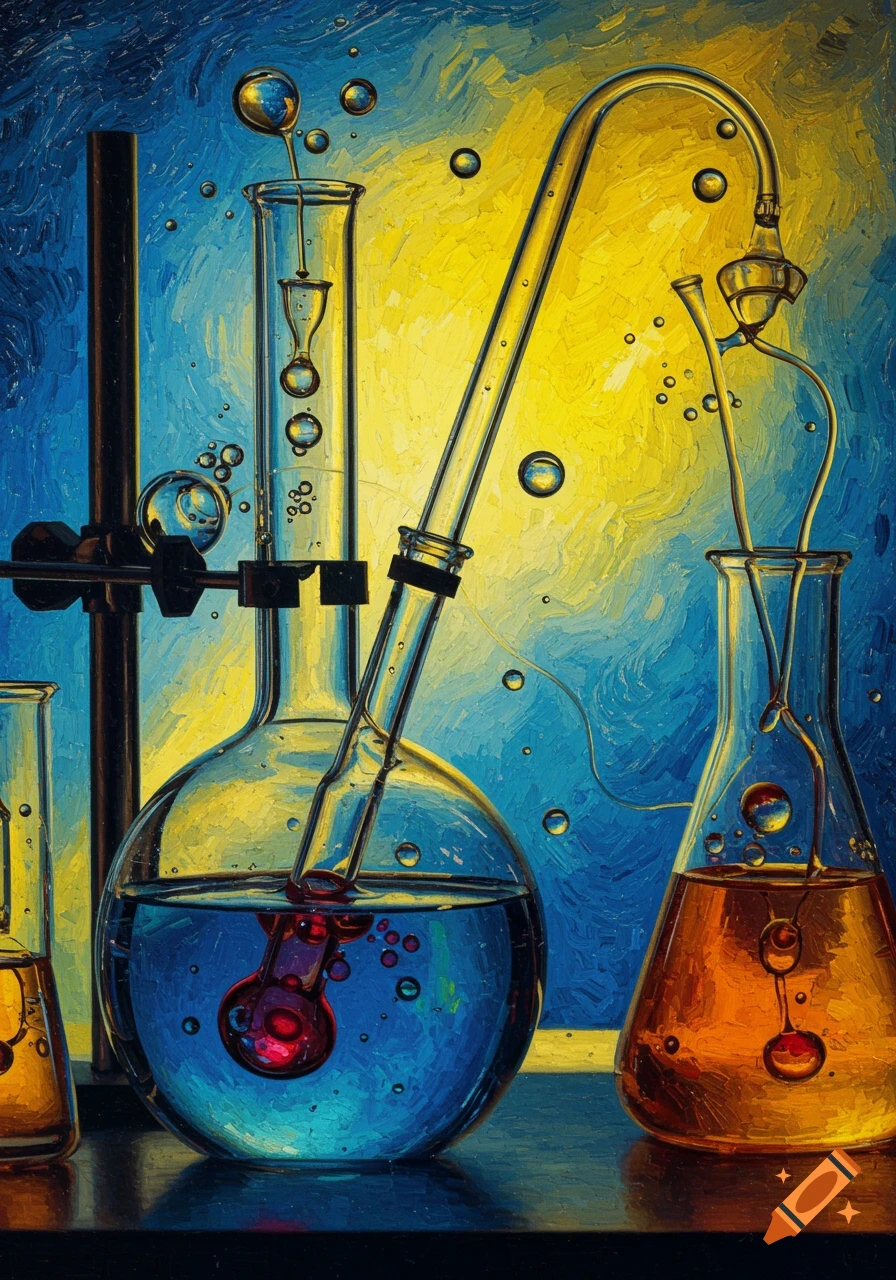 A vivid, Van Gogh-style painting of chemistry glassware filled with blue and orange liquids, with tubes and bubbles against a yellow and blue textured background.