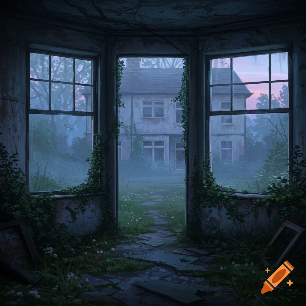 Dark, overgrown abandoned room looking out through broken windows to a dilapidated house and garden at twilight.