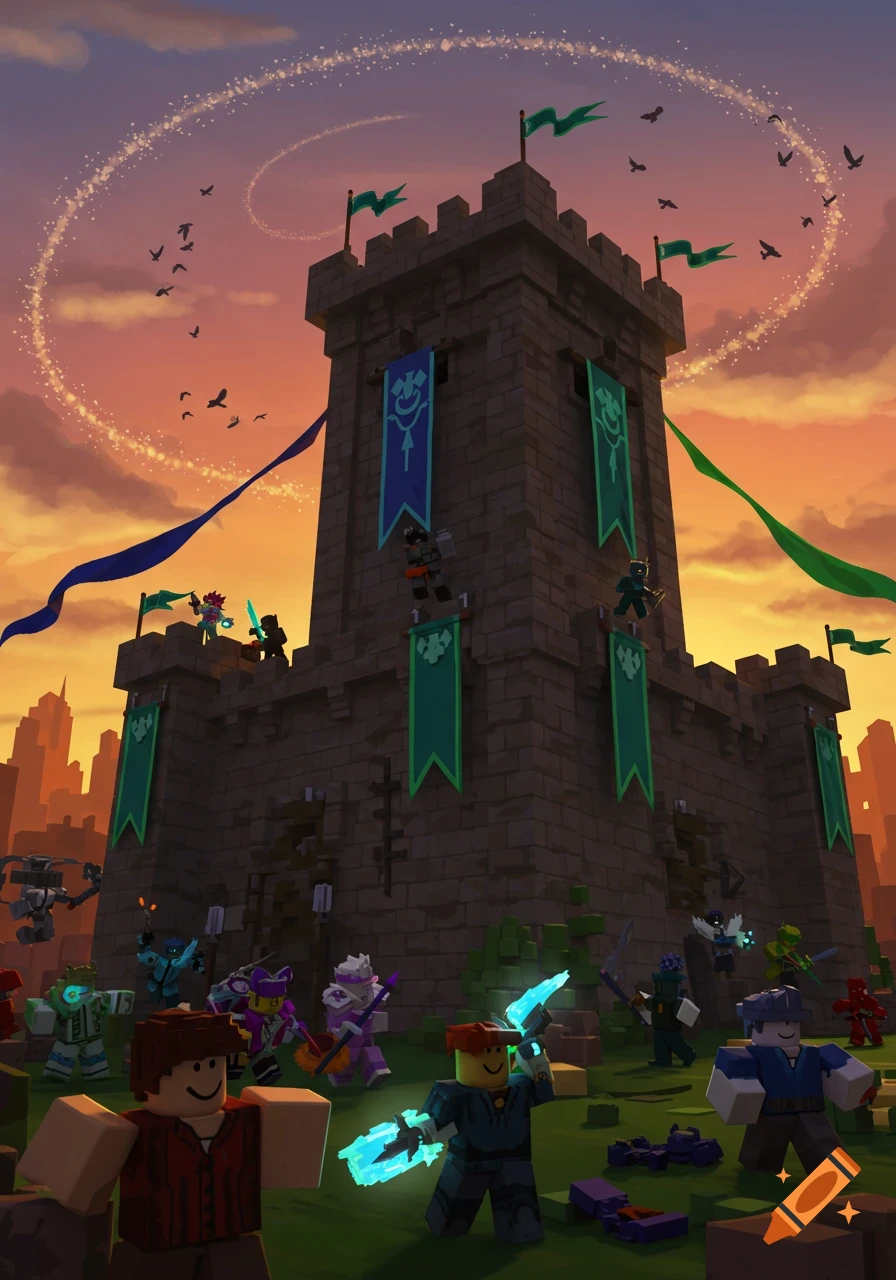Roblox characters in a stylized battle scene around a large stone castle at sunset, with magic swirling in the sky.