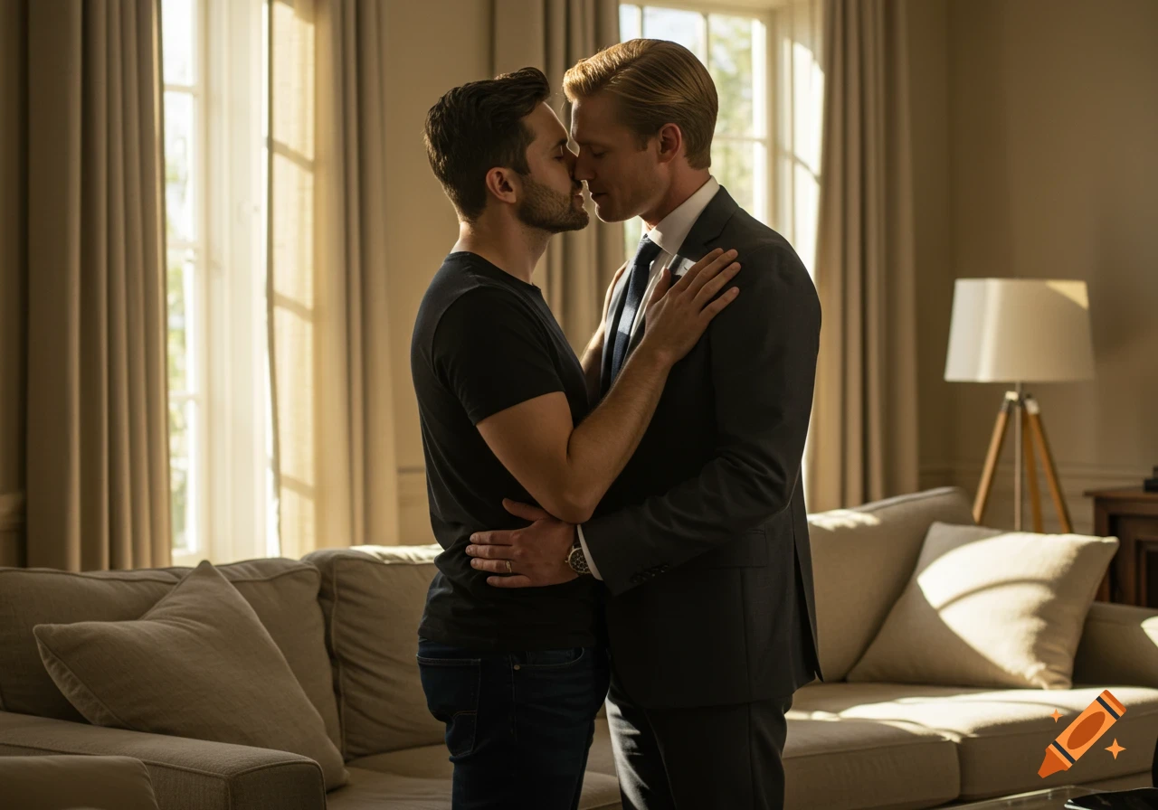 Two men, one in a black t-shirt and jeans, the other in a suit, tenderly kiss in a sunlit living room. Photorealistic.