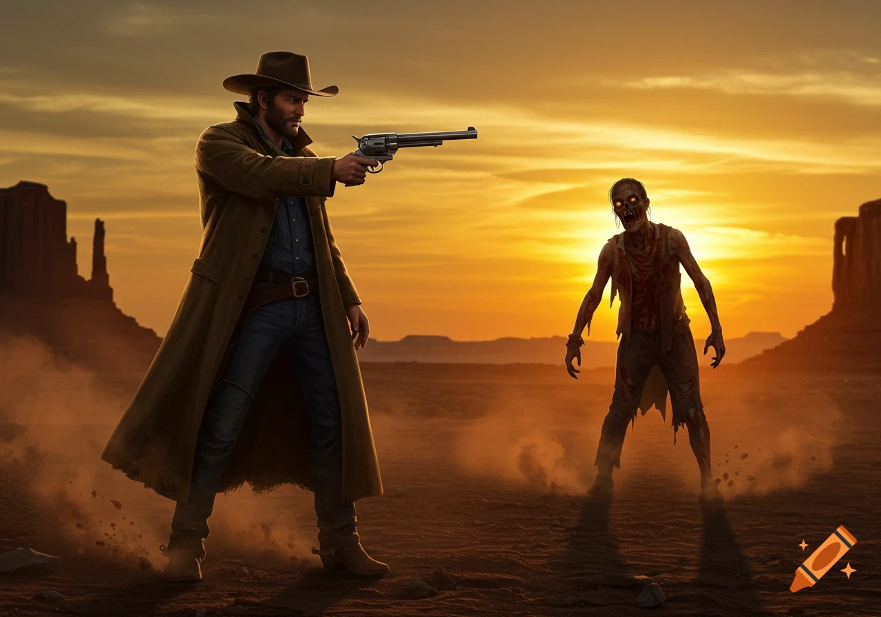 A cowboy in a duster coat aims a revolver at a snarling zombie in a desert landscape with a vibrant sunset.