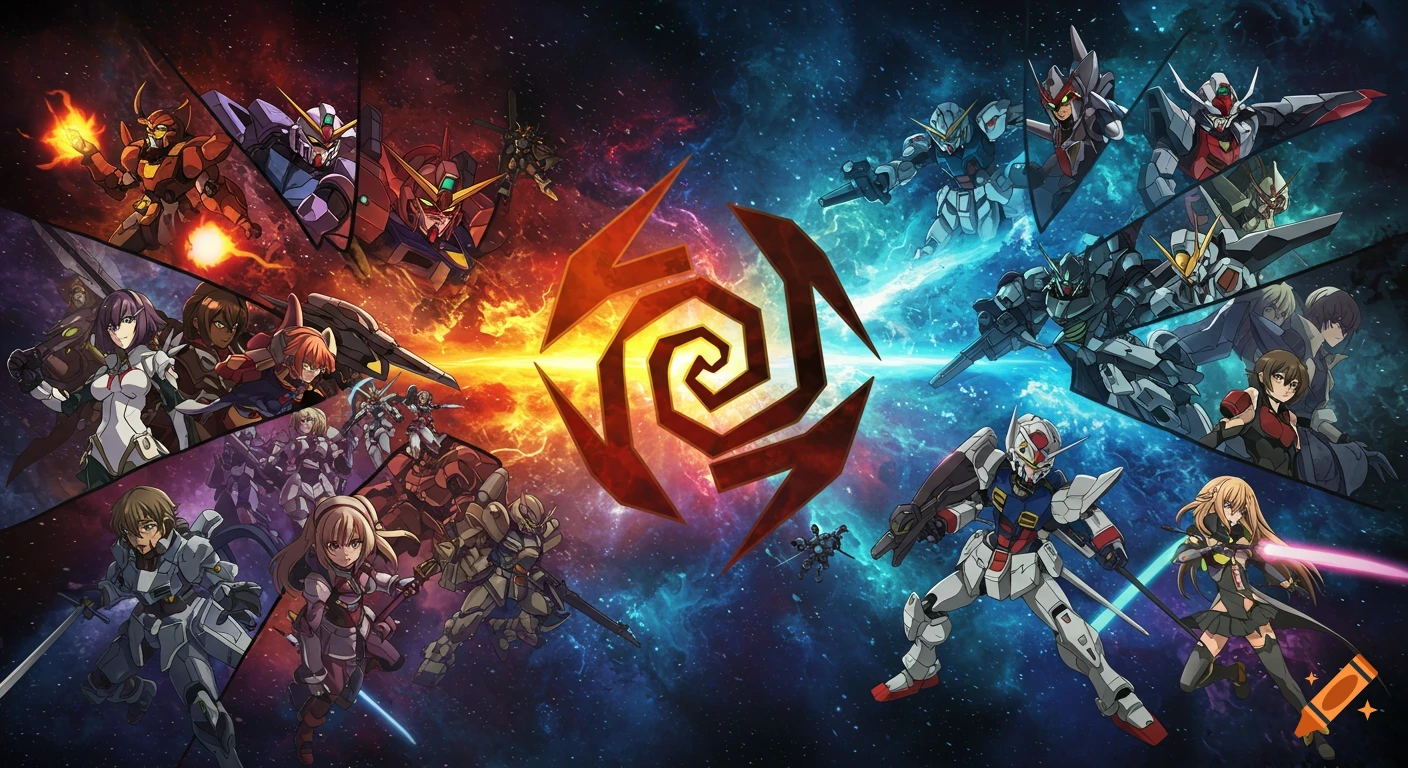 Anime collage of Gundam mechs and characters against a cosmic background with a central spiral symbol.