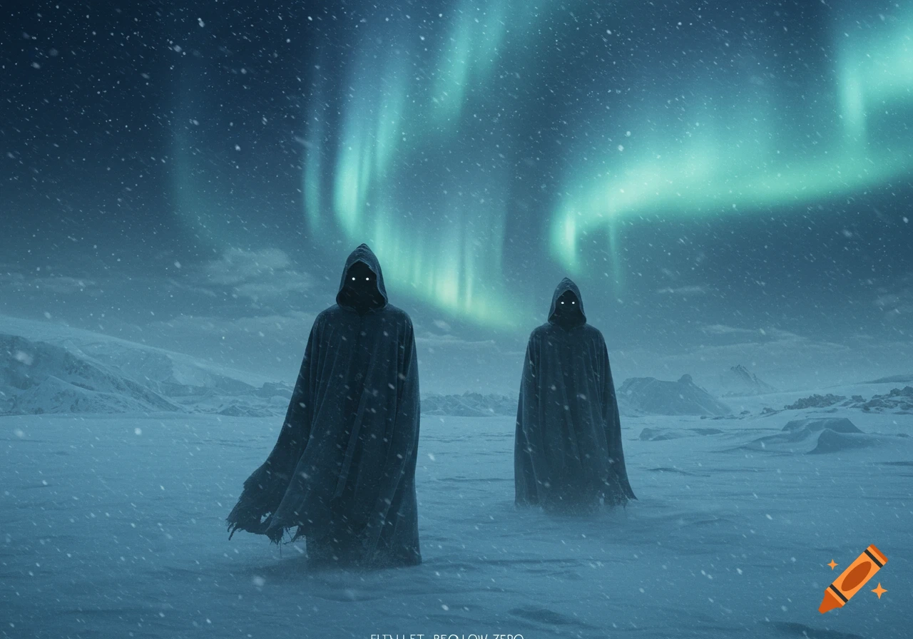 Two cloaked figures with glowing white eyes stand in a snowy, desolate landscape under a vibrant green aurora borealis. Snow falls around them.