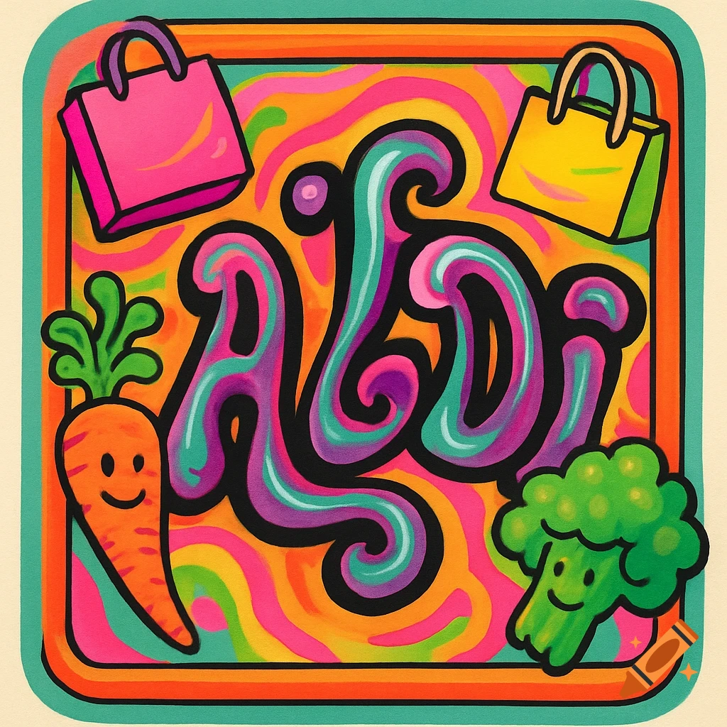 Vibrant psychedelic 'ALDI' logo with smiling cartoon carrot, broccoli, and shopping bags.