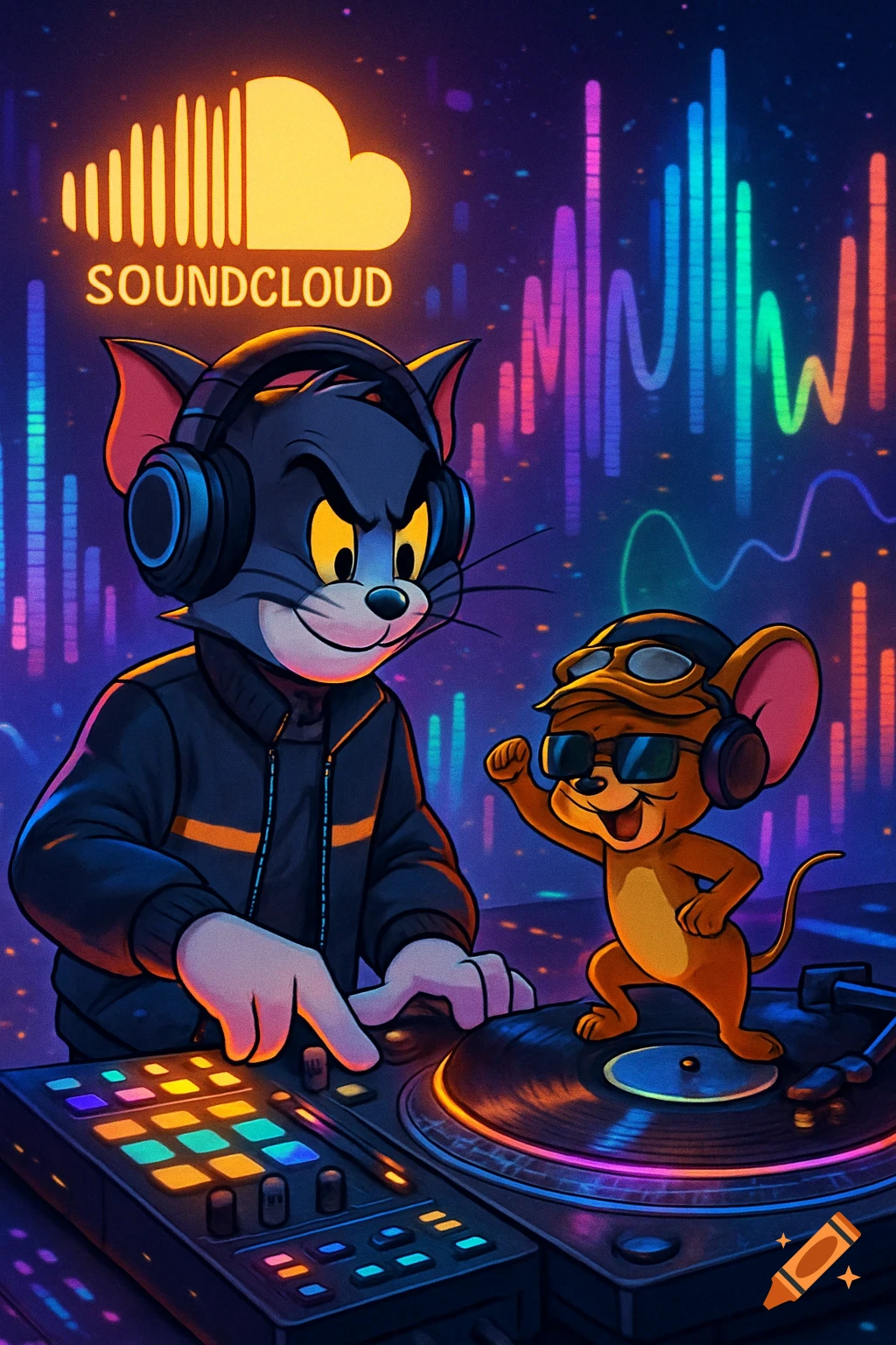 Tom and Jerry DJing in a neon-lit booth with a Soundcloud logo and equalizer visuals.