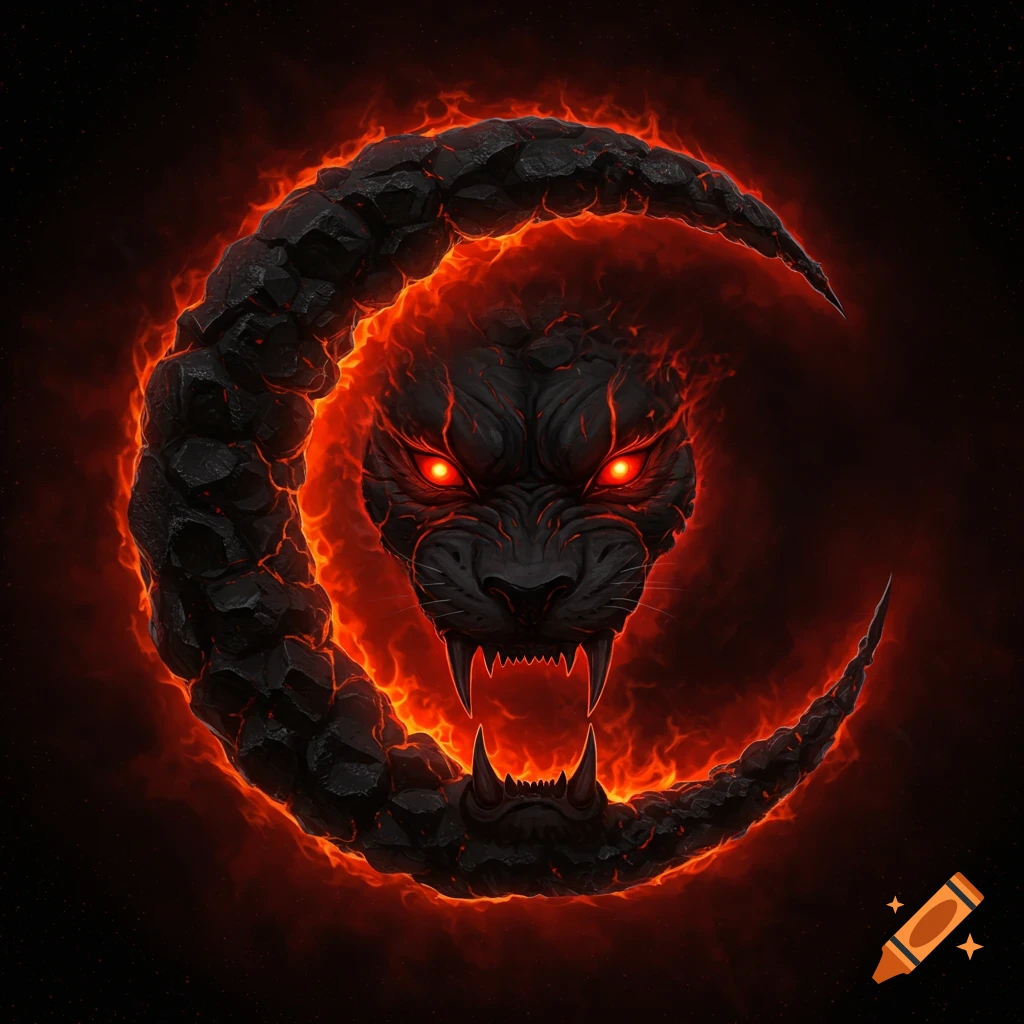 A fiery crescent moon creature with a lion's head, glowing red eyes, and sharp fangs, made of black rock and surrounded by flames on a dark background.