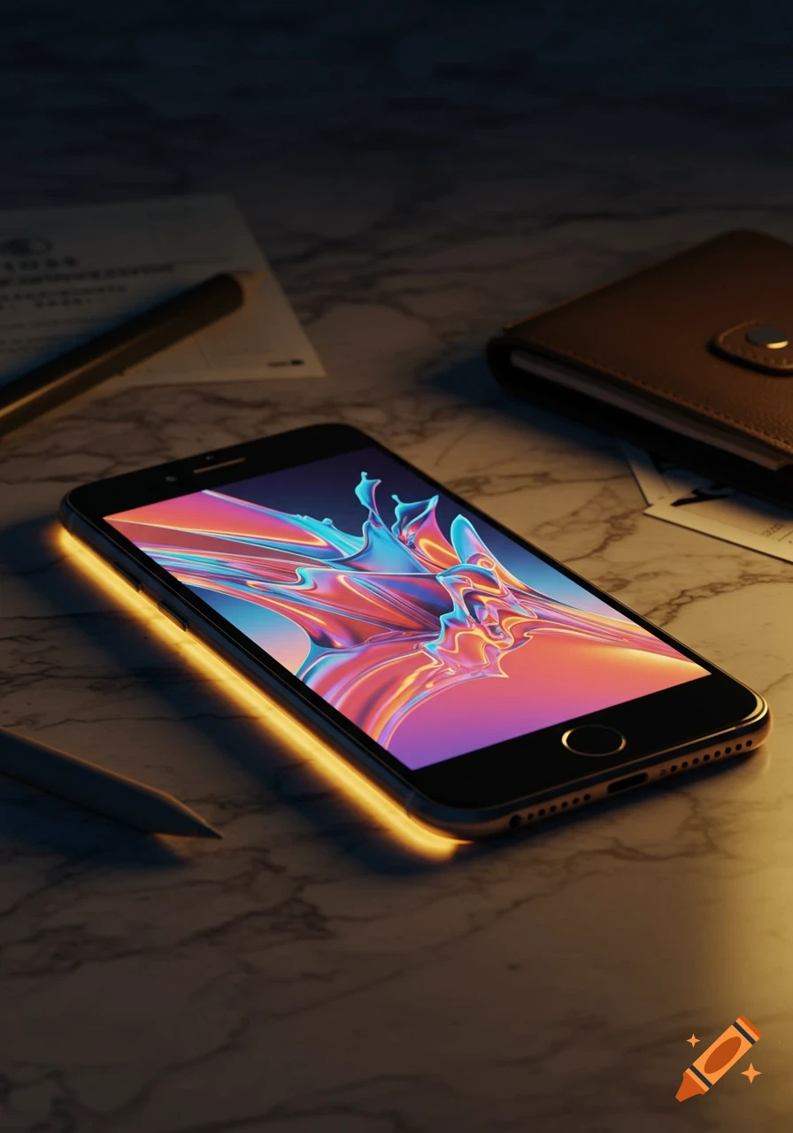An iPhone with glowing edges and colorful abstract screen art on a marble desk with papers and a wallet.