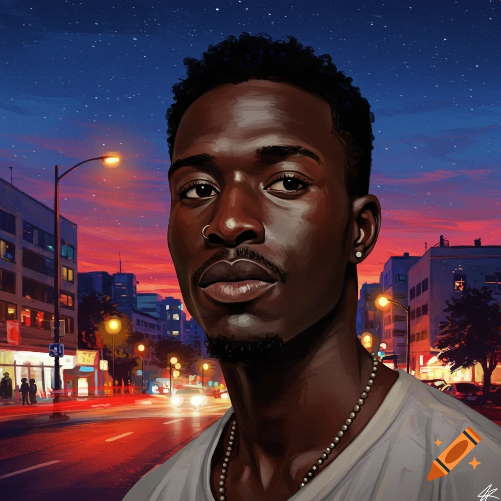 A digital painting of a dark-skinned man with a nose ring and beaded necklace, gazing at the viewer, against a vibrant city sunset.
