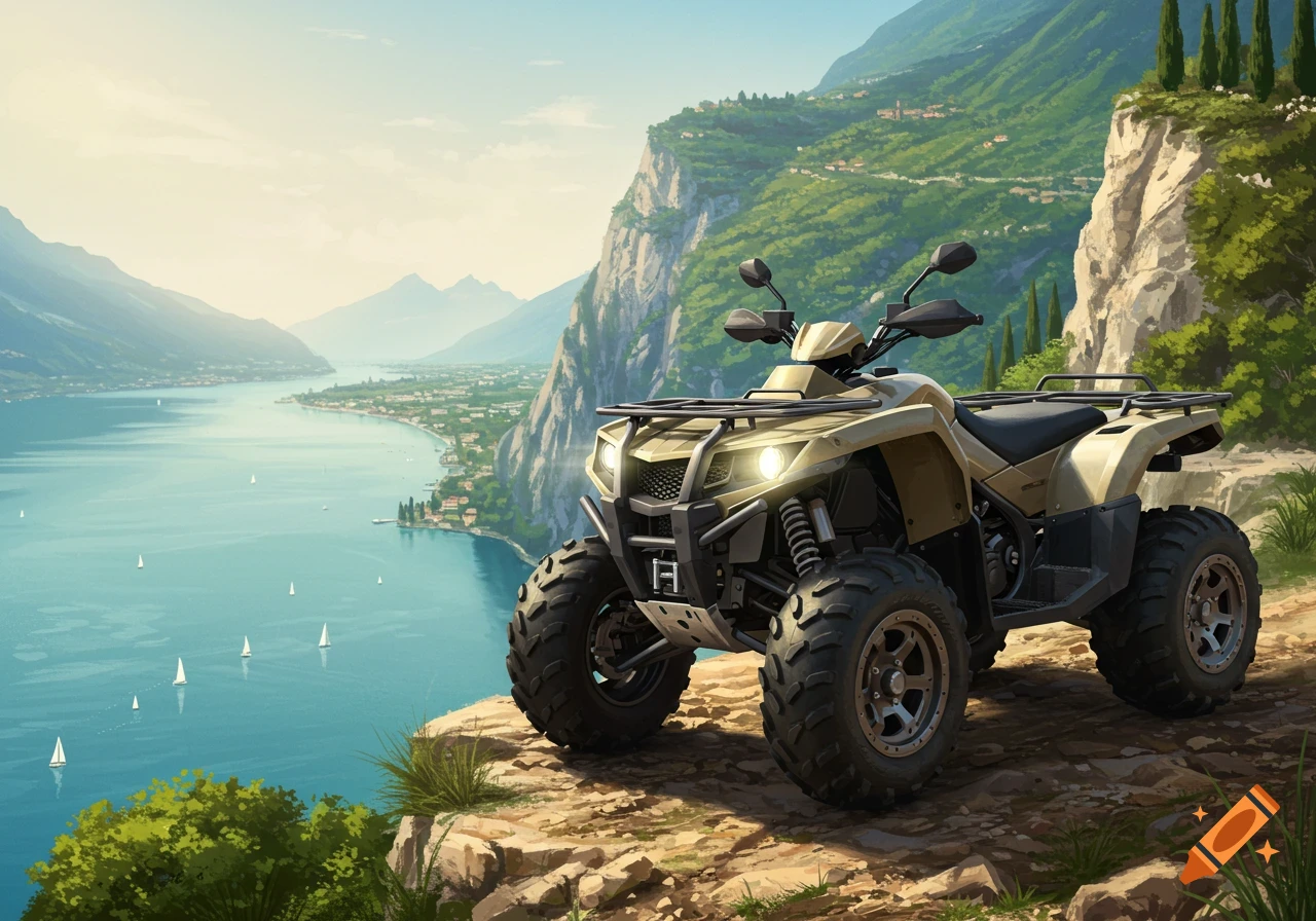 Illustrated ATV on a rocky cliff overlooking a blue lake with sailboats, green mountains, and a town along the shore.