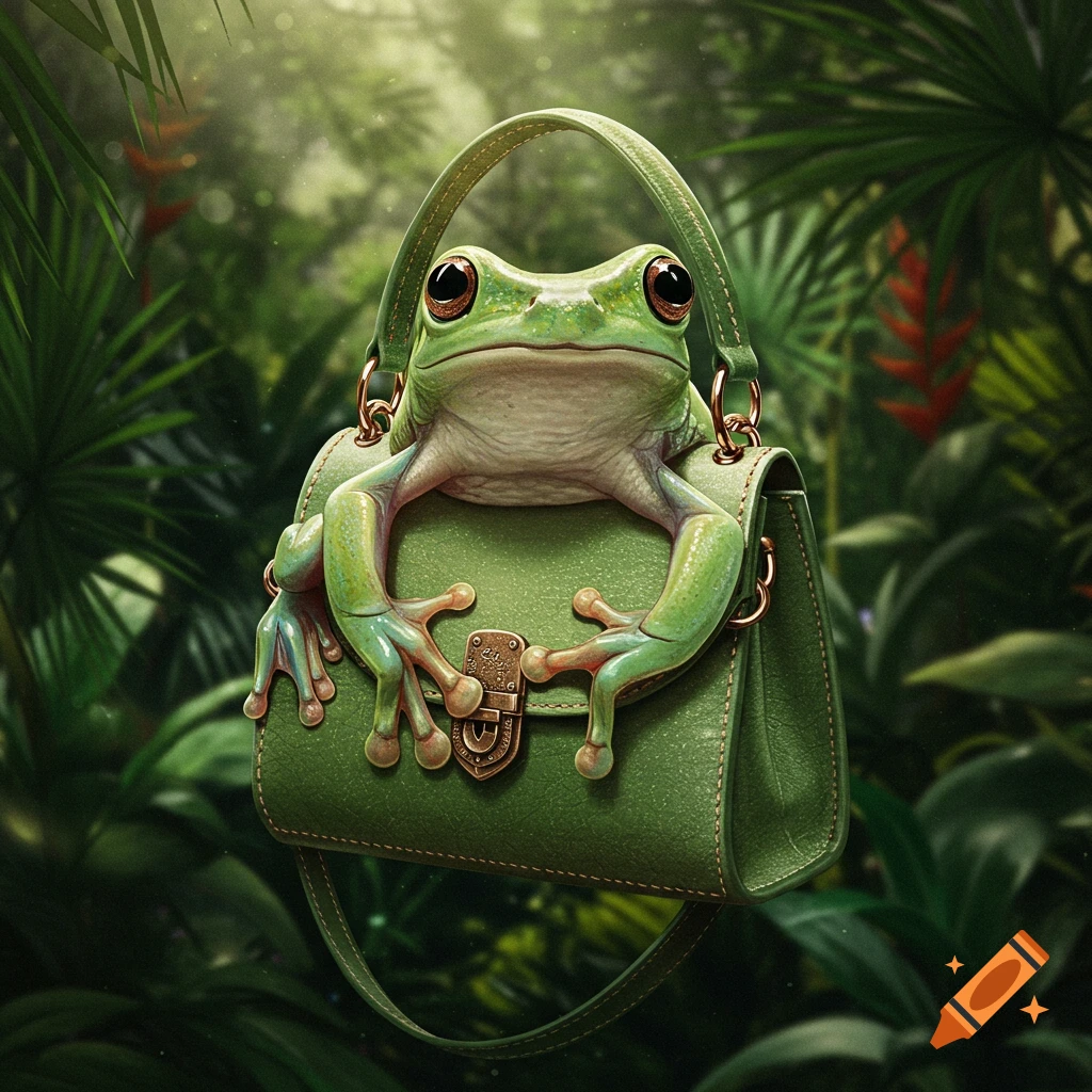 A vibrant green frog peeks out of a matching green handbag, suspended in a lush jungle setting.