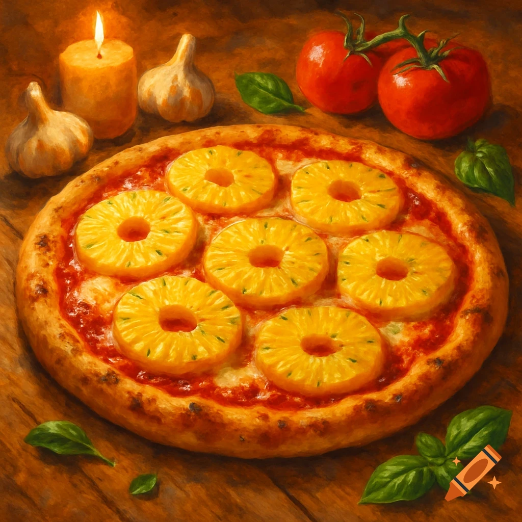 A close-up, painterly overhead view of a pineapple pizza surrounded by basil, garlic, tomatoes, and a lit candle on a wooden table.