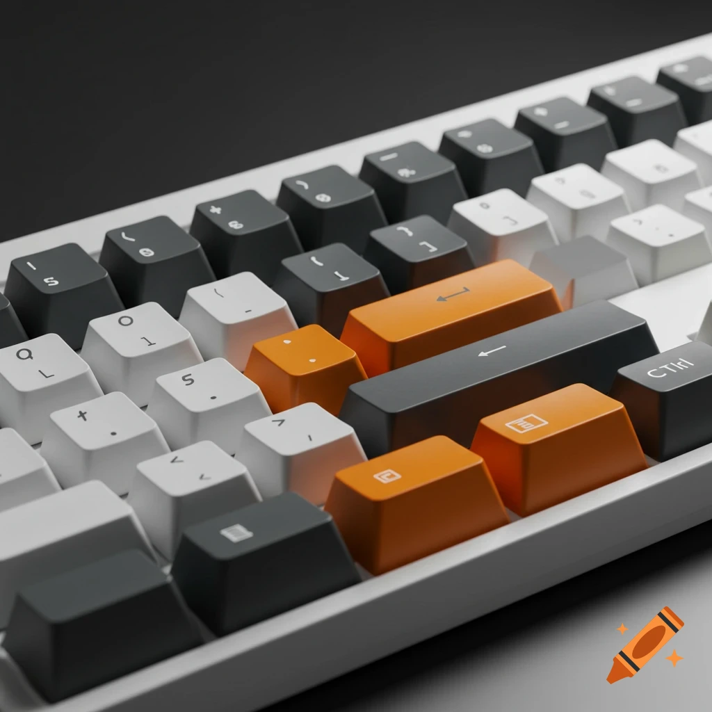 Close-up, top-down view of a mechanical keyboard with white, dark grey, and orange keycaps.