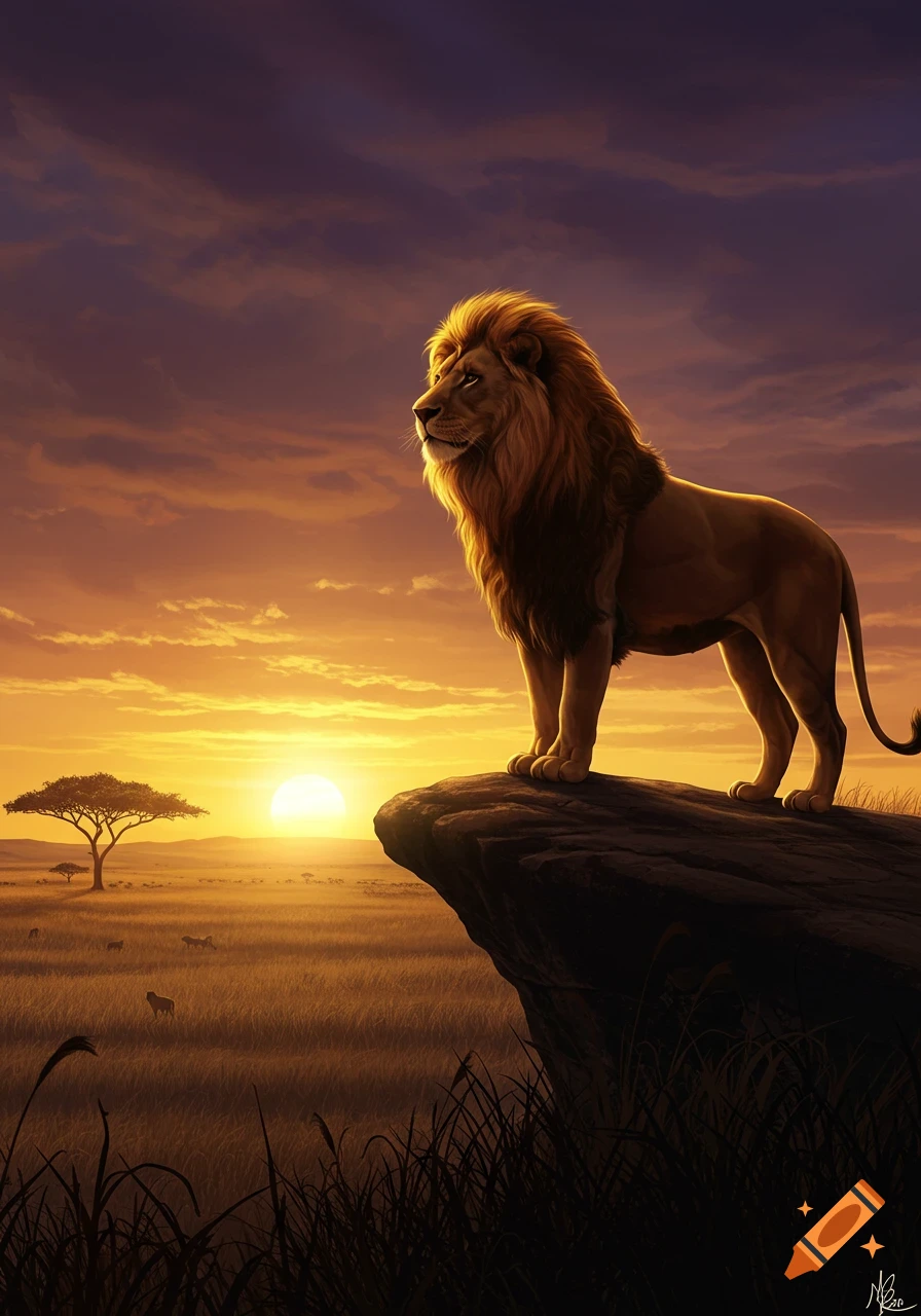 A majestic lion stands on a rock overlooking a vast savanna at a vibrant sunset, with an acacia tree in the distance.