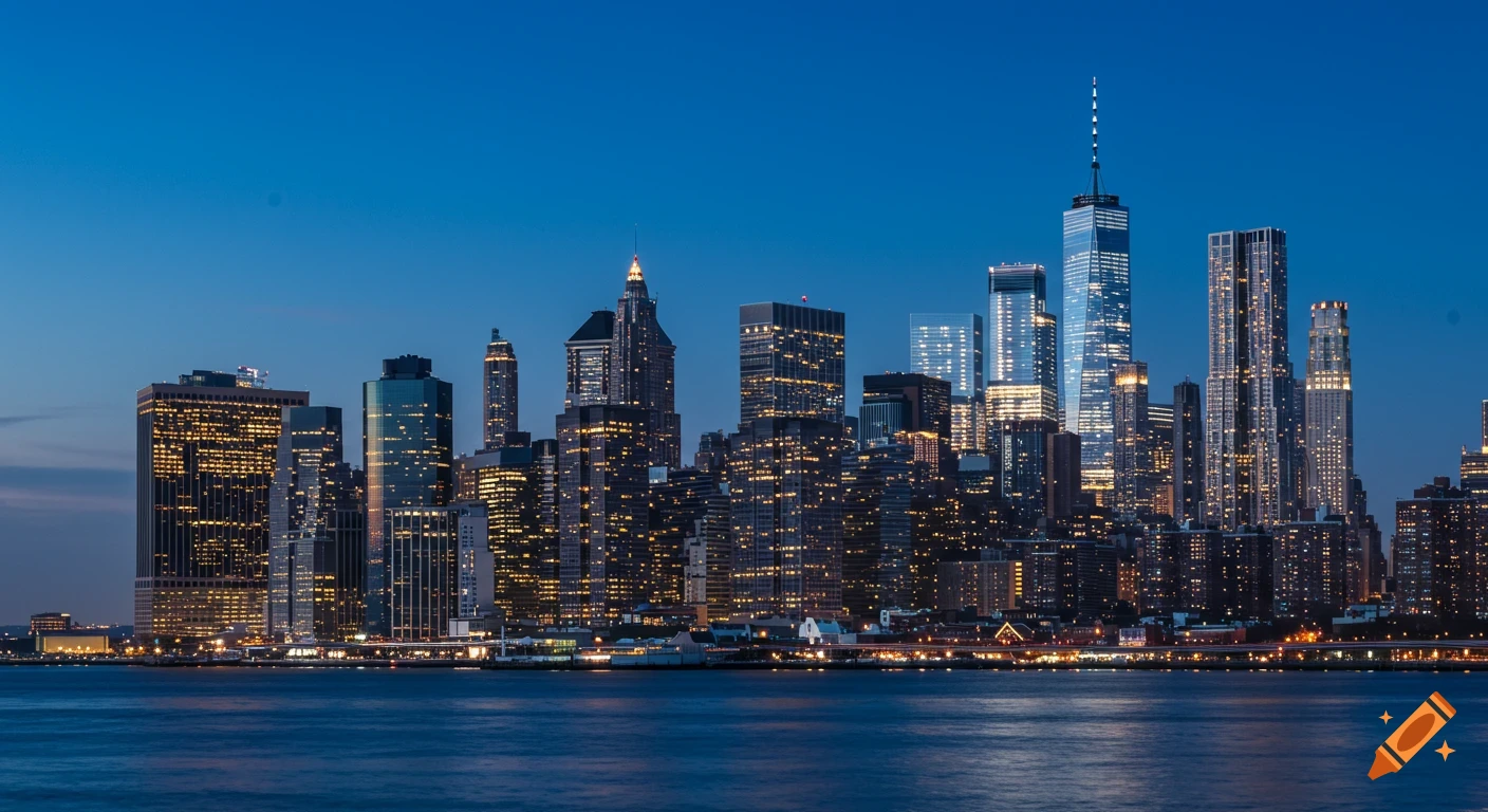 Panoramic view of the New York City skyline at dusk, with numerous illuminated skyscrapers reflecting on the water.