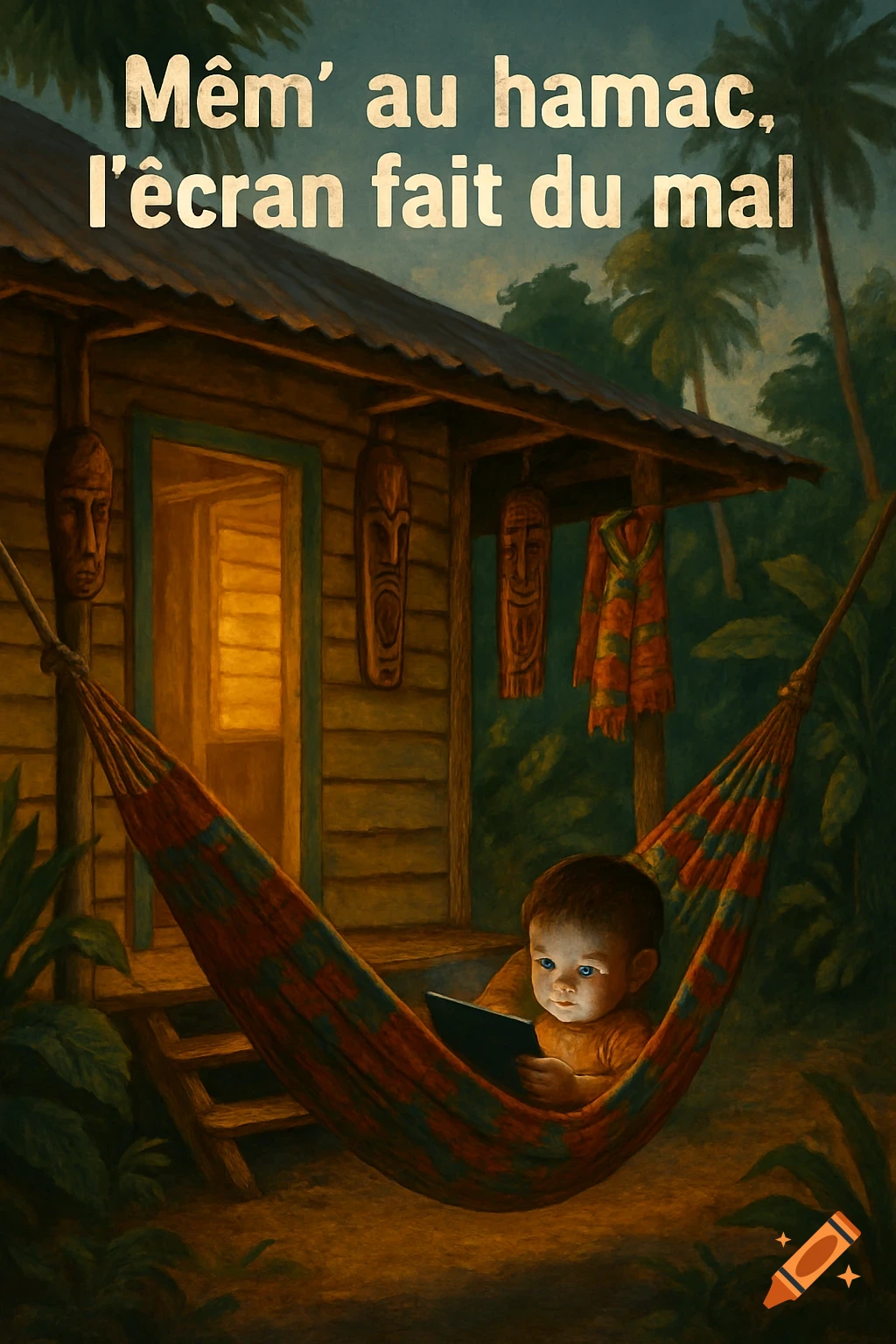Painterly illustration: a child in a colorful hammock, looking at a glowing tablet outside a wooden hut. Text: M m' au hamac, l' ecran fait du mal.