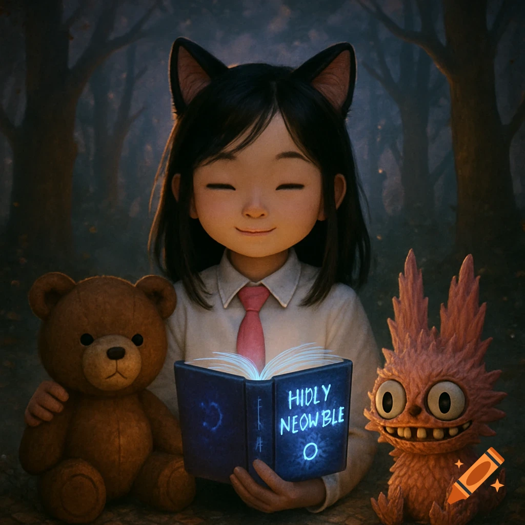 A stylized girl with cat ears reads a glowing book in a dark forest, with a teddy bear and a fuzzy pink monster.
