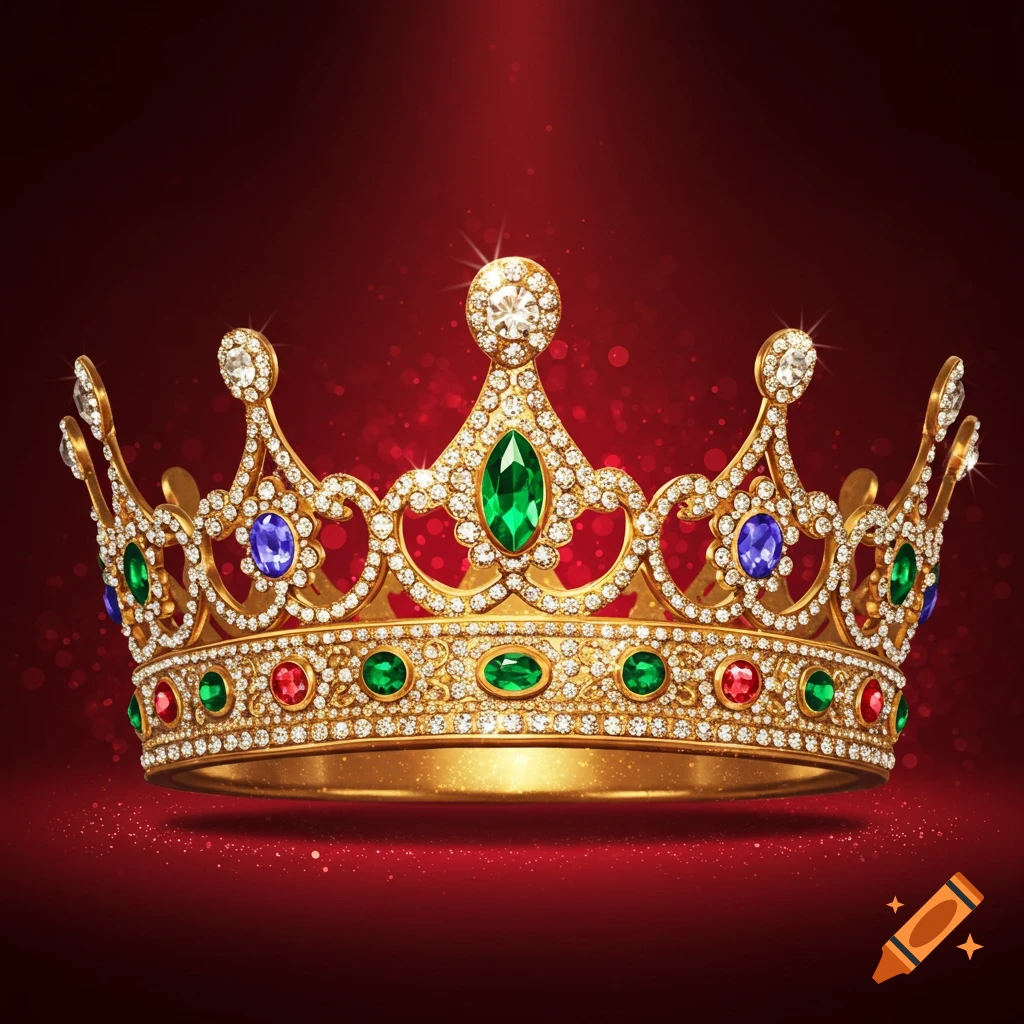 A lavish gold crown adorned with sparkling diamonds, emeralds, rubies, and sapphires on a shimmering red background.
