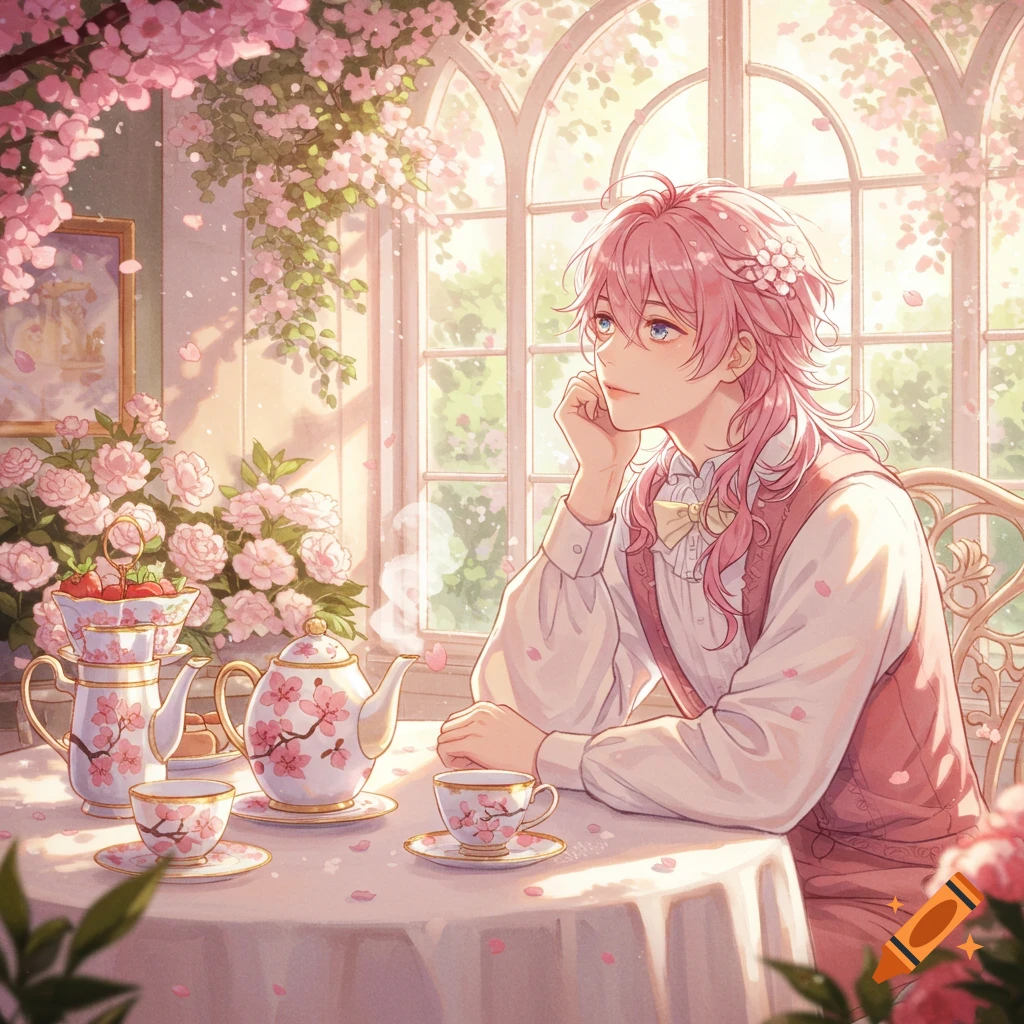 An anime boy with pink hair sits at a table in a sunlit room filled with cherry blossoms, enjoying a tea party.