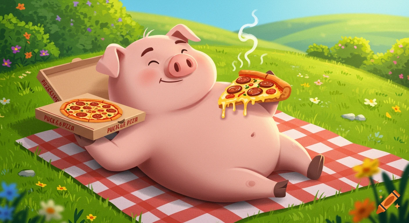 A cute, happy pink pig lounges on a red and white checkered picnic blanket in a green field, holding a slice of pepperoni pizza and a pizza box.