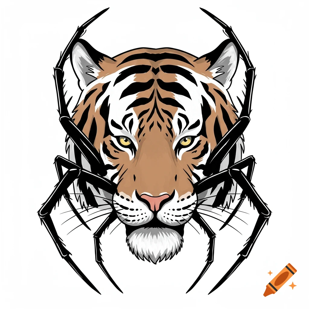 Simple vector art illustration of a tiger's face with spider legs emerging from its sides on a white background.