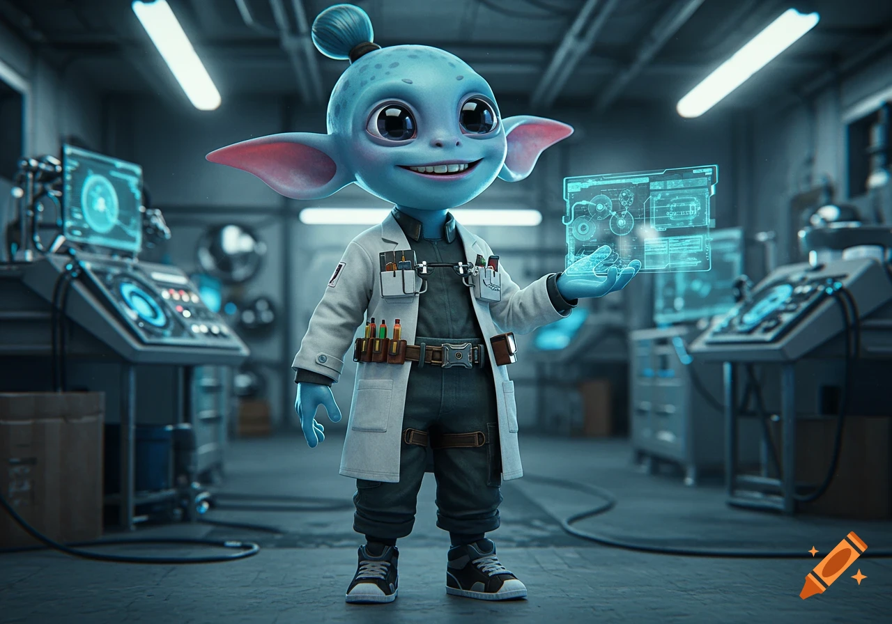 A cute, blue-skinned alien engineer in a lab coat, sneakers, and cargo pants, holding a glowing holographic screen in a futuristic laboratory.